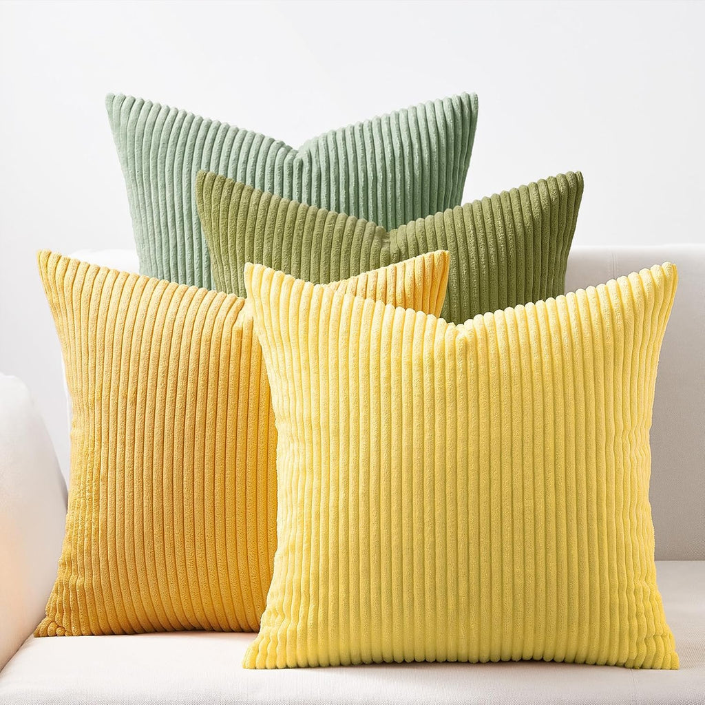 Topfinel 20x20 Oversized Throw Pillows Covers Set of 4 Euro Shams, Farmhouse Yellow Green Mix and Match Cushion Cases, Corduroy Striped Accen…