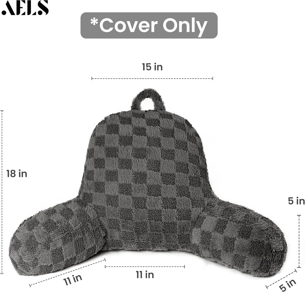 Aels Large Reading Pillow Replacement Cover with Arms and Pockets (Cover ONLY), 18" Soft Faux Fur Checkered Backrest Pillow Cover Fits Stan…
