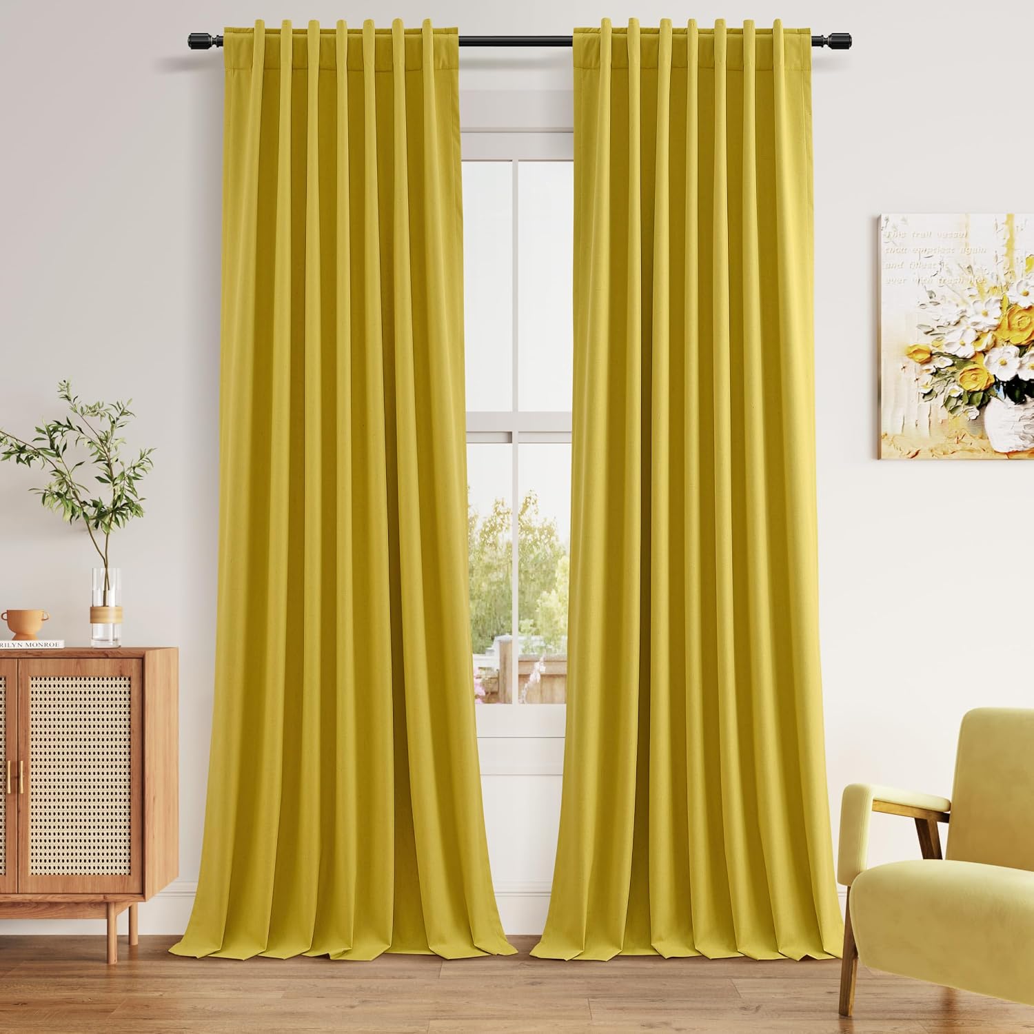 Guken Celery Yellow 100% Blackout Linen Curtains 102 Inch Length 2 Panels Set for Living Room Bedroom Back Tab Rod Pocket Thermal Insulated…