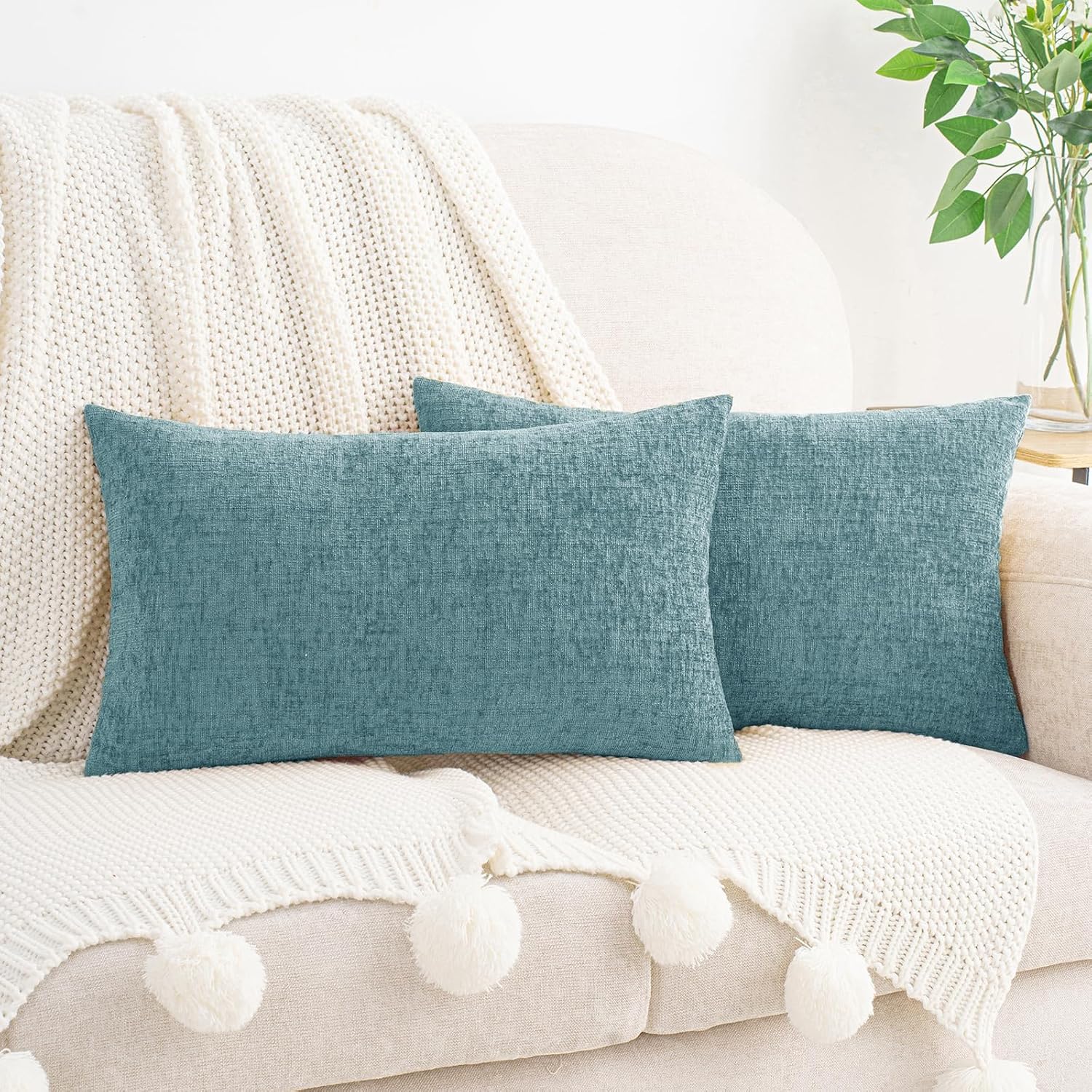 Hwy50 HWY 50 Smoky Blue Lumbar Pillow Covers 12x20 Inch Pack of 2, Soft Chenille Decorative Throw Pillow Covers Farmhouse for Couch Sofa Li…
