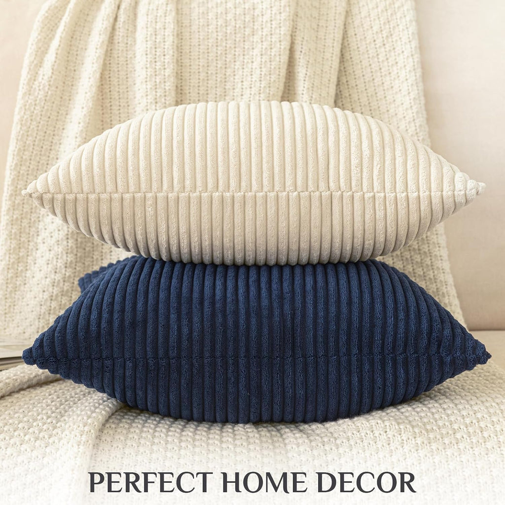 Softalker Throw Pillow Covers 18 x 18, Set of 2 - Cream Spring Decorative Soft Corduroy Striped Boho Beige Pillow Covers, White Cushion Pil…