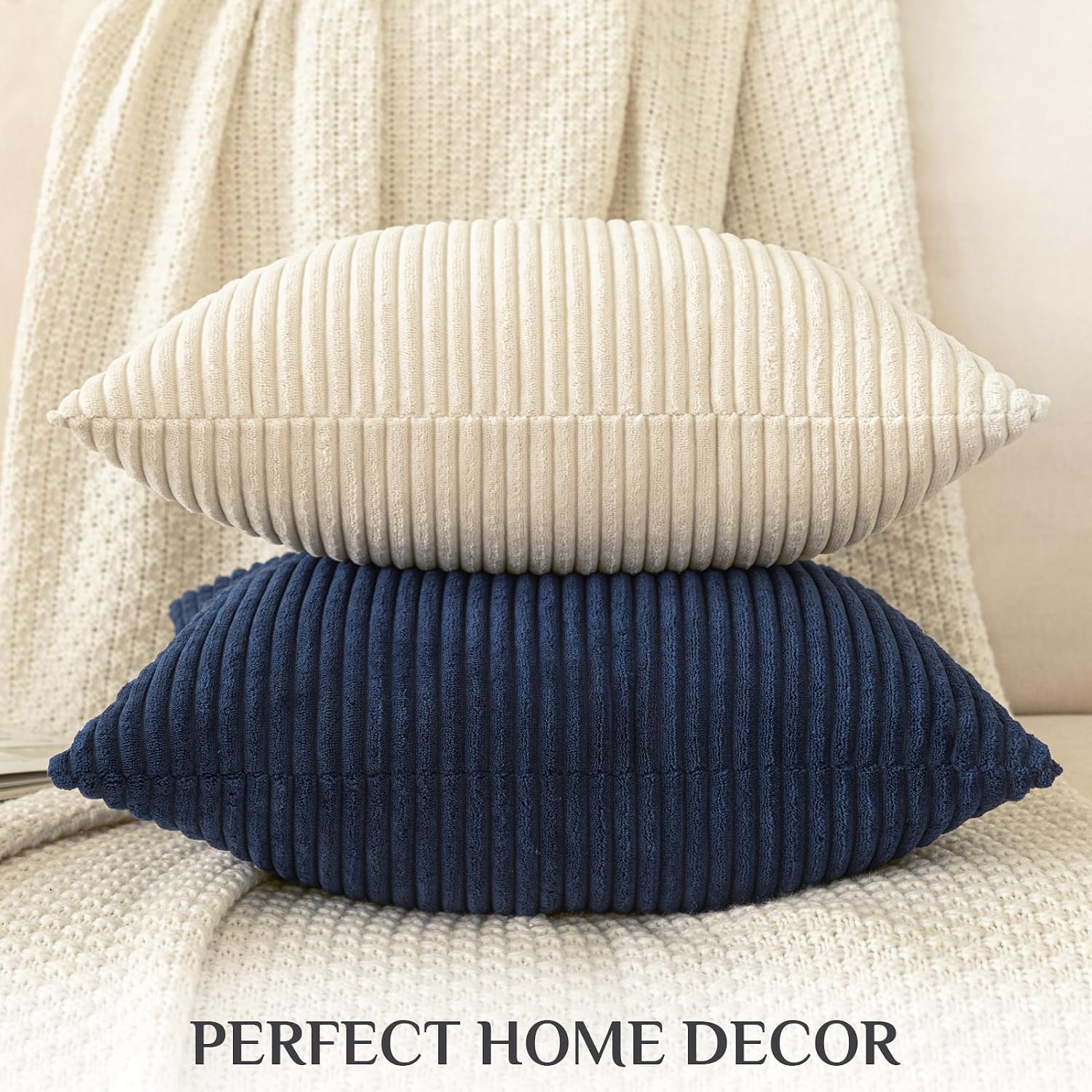 Softalker Throw Pillow Covers 18 x 18, Set of 2 - Cream Spring Decorative Soft Corduroy Striped Boho Beige Pillow Covers, White Cushion Pil…