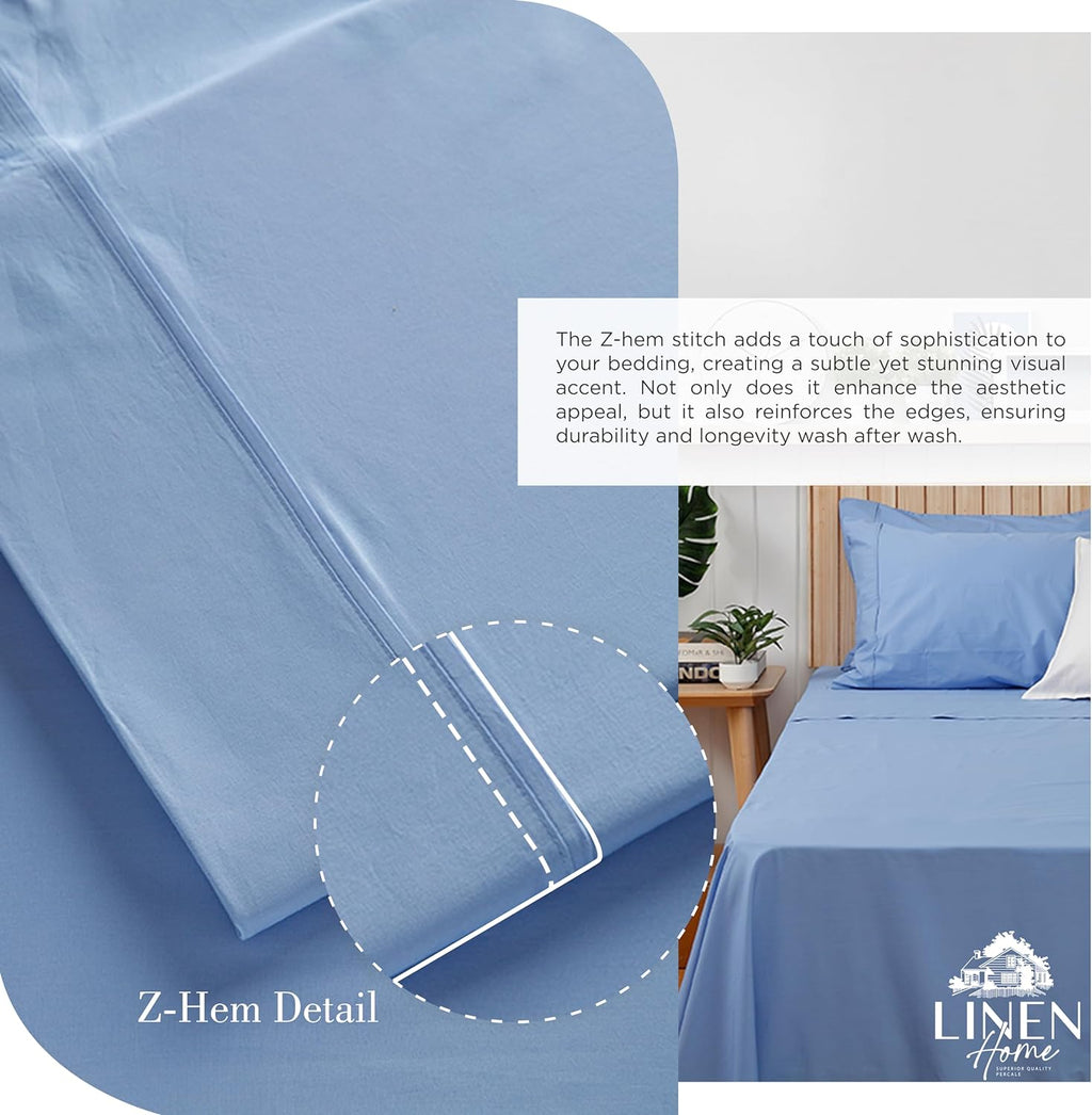 Linen Home 100% Cotton Percale Sheets King Size, Baby Blue, Deep Pocket, 4 Pieces Set - 1 Flat, 1 Deep Pocket Fitted Sheet and 2…