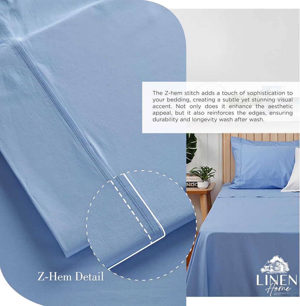Linen Home 100% Cotton Percale Sheets Full Size, Baby Blue, Deep Pocket, 4 Pieces Set - 1 Flat, 1 Deep Pocket Fitted Sheet and 2…