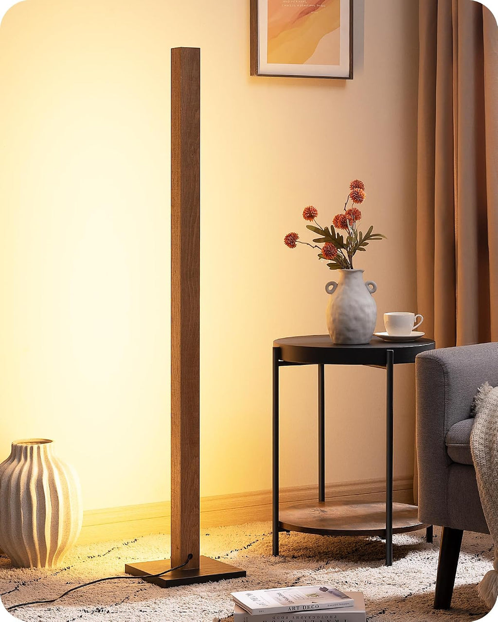 Edishine Mid Century Modern Floor Lamp with Remote, Dimmable Wood LED Corner Lamp, Minimalist Standing Mood Lighting for Living Room, Bedro…