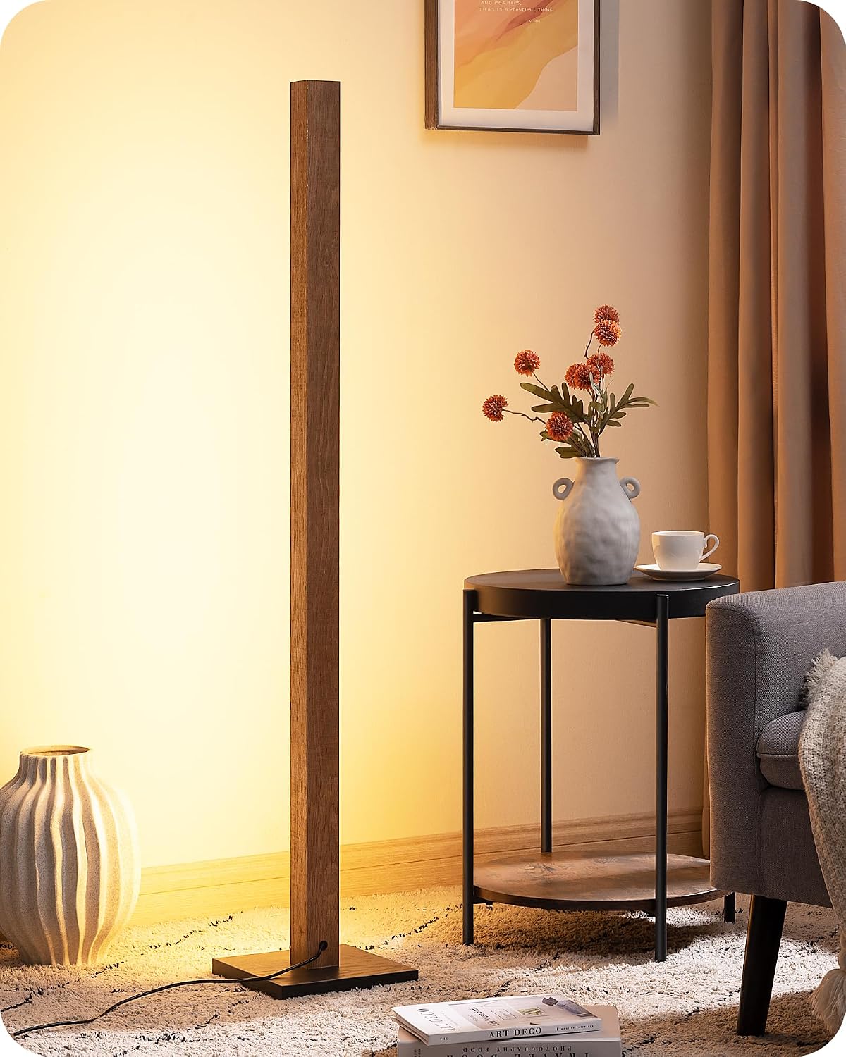 Edishine Mid Century Modern Floor Lamp with Remote, Dimmable Wood LED Corner Lamp, Minimalist Standing Mood Lighting for Living Room, Bedro…