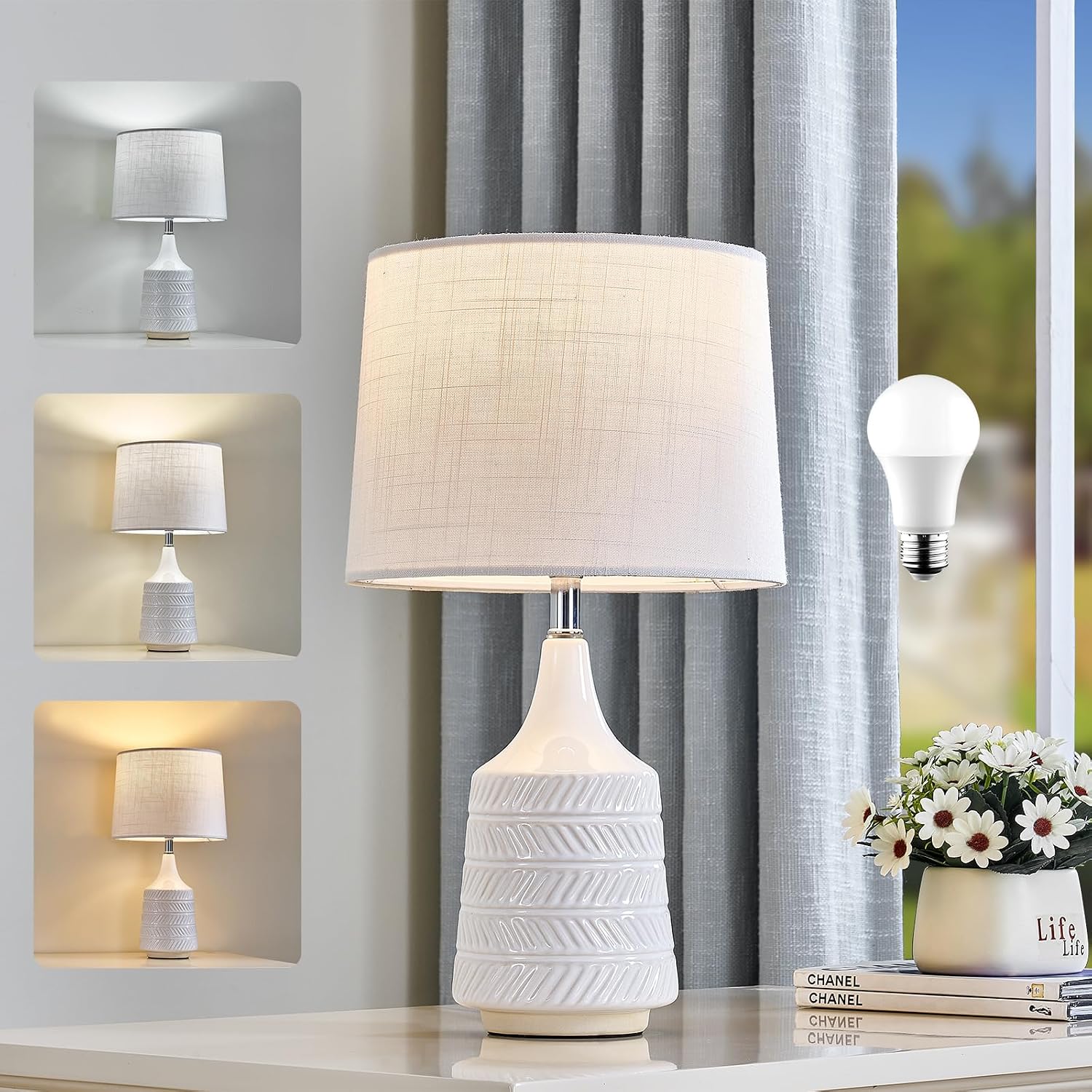 Modern Ceramic Table Lamp, White Desk Lamp 18.5" for Living Room Bedroom Dorm Farmhouse Office Bedside Night Stand End Corner, 3-Color…