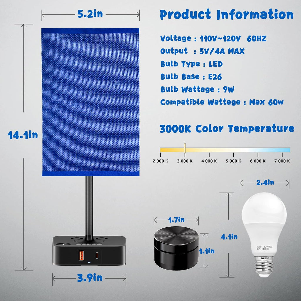 Bedside Lamp & Desk Lamp with Remote, Touch Control, USB-C/A Ports + Outlets | Blue Fabric Shade Nightstand Table Lamp for Bedroom…