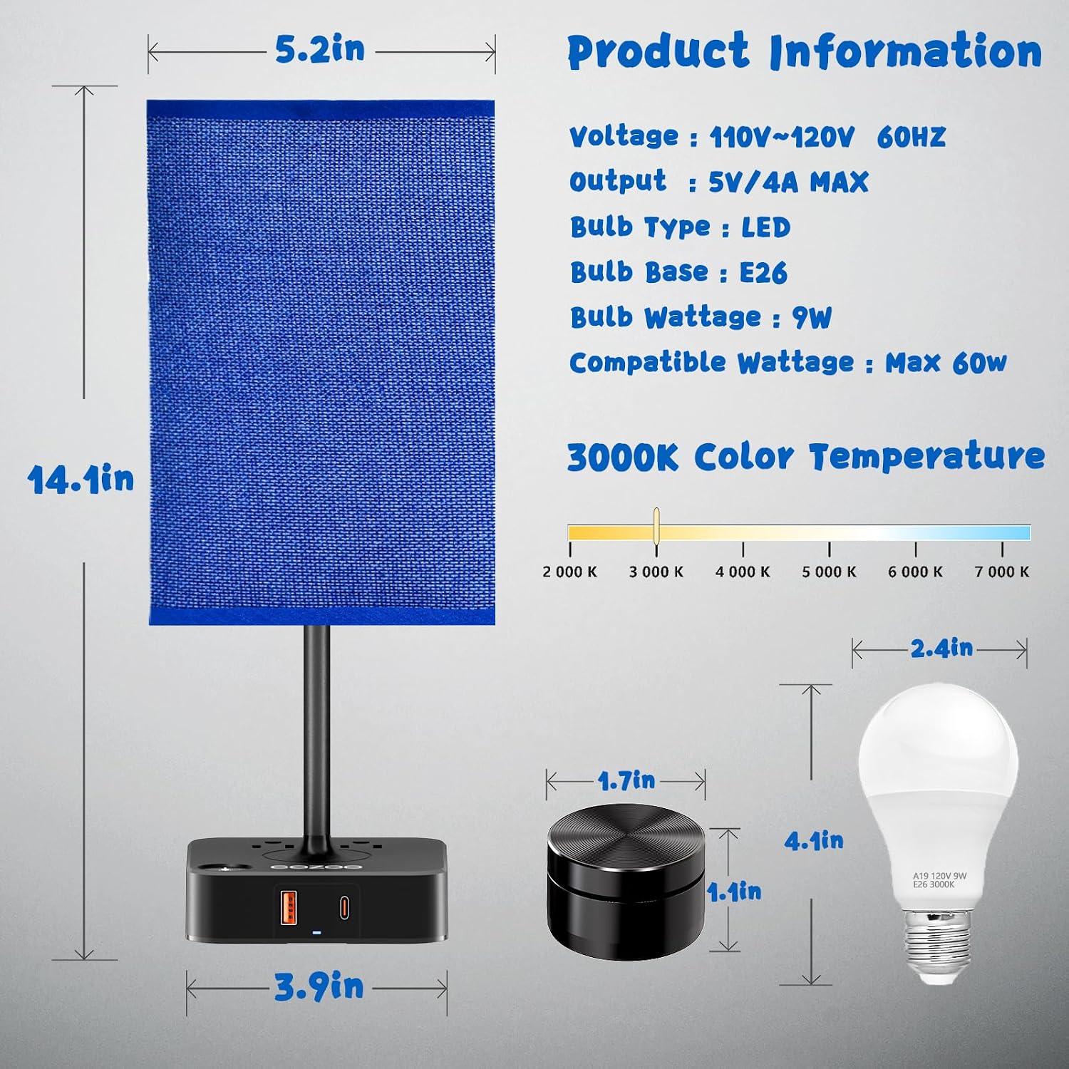 Bedside Lamp & Desk Lamp with Remote, Touch Control, USB-C/A Ports + Outlets | Blue Fabric Shade Nightstand Table Lamp for Bedroom…