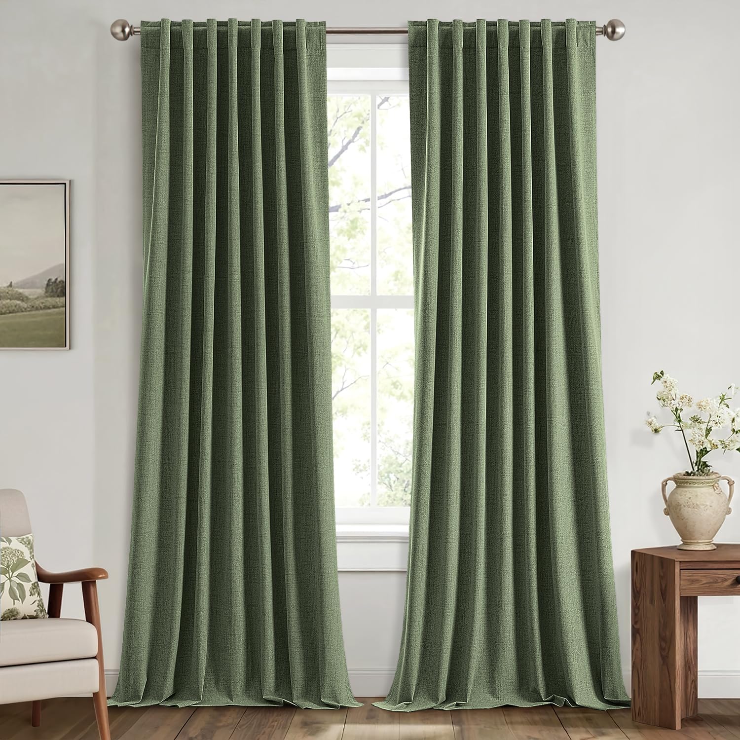 Miulee 100% Blackout Linen Curtains for Bedroom, Olive Green Solid Luxury Decor Thermal Insulation Room Darkening Drapes for Living Room Nu…