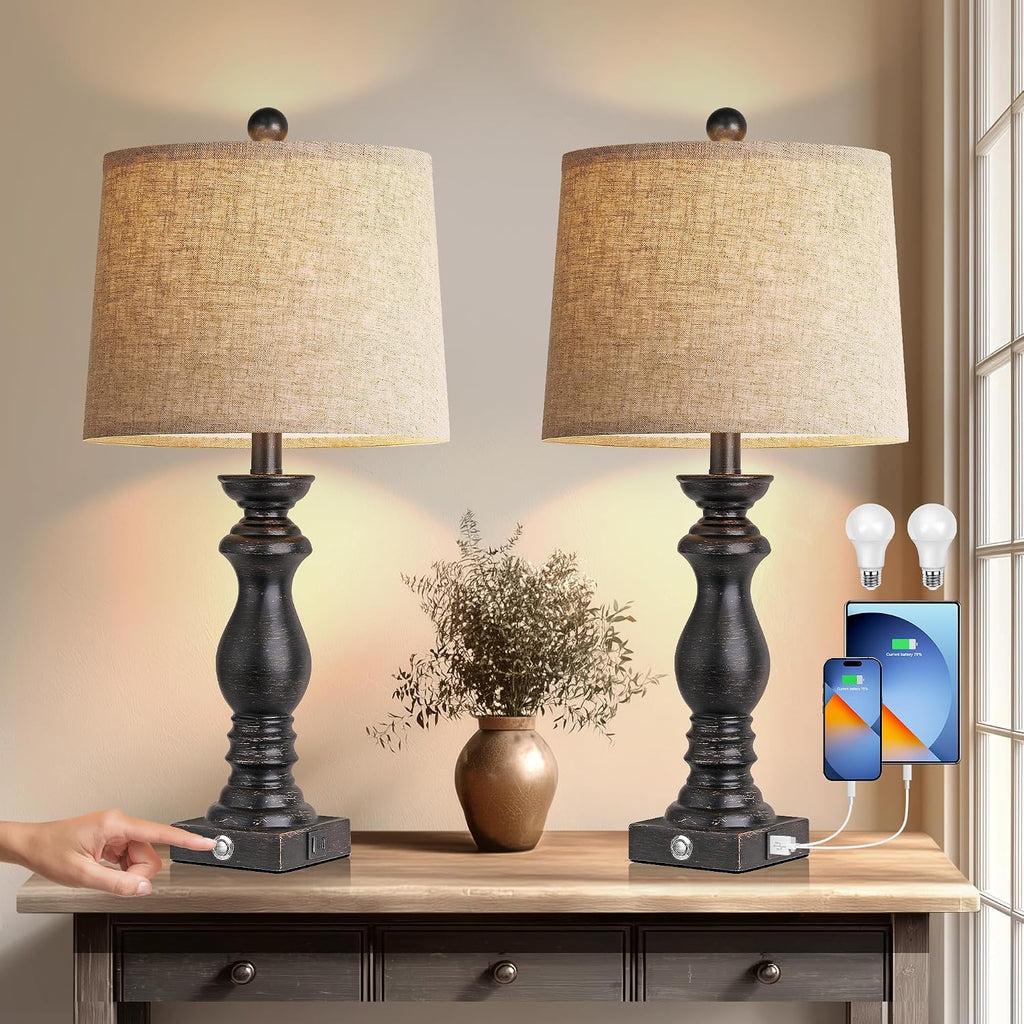 24.5" Table Lamp Set of 2, Rustic Farmhouse Bedside Lamps with USB A+C Charging Ports, 3-Way Dimmable Touch Control Nightstand Lamps for…