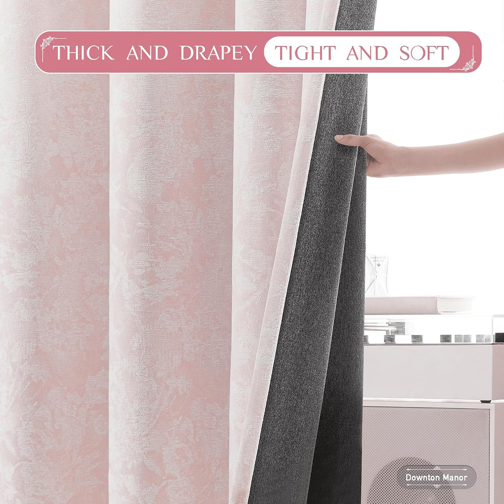 Beauoop Pink Floral Jacquard Blackout Curtains 84 Inches Long 2 Panels for Bedroom Living Room Chenille Flower Room Darkening Thermal…