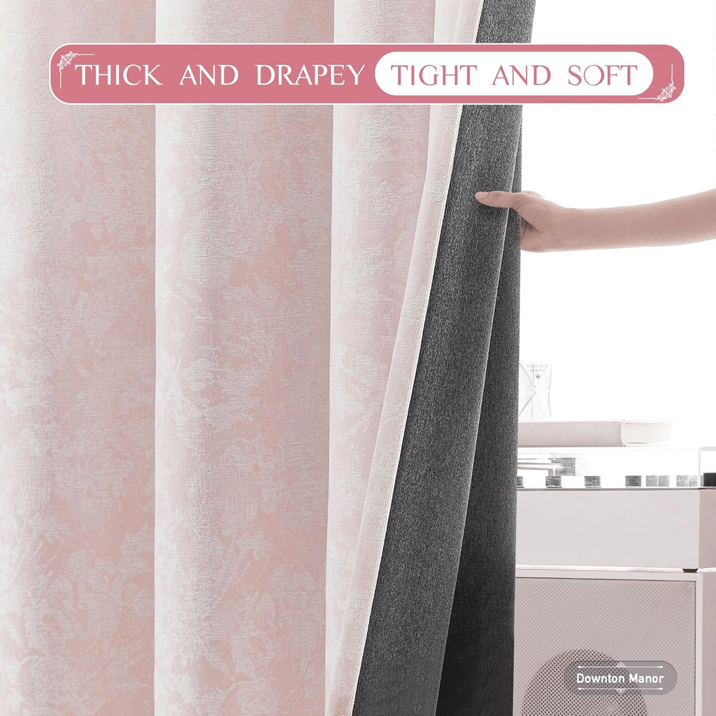Beauoop Pink Floral Jacquard Blackout Curtains 96 Inches Long 2 Panels for Bedroom Living Room Chenille Flower Room Darkening Thermal…