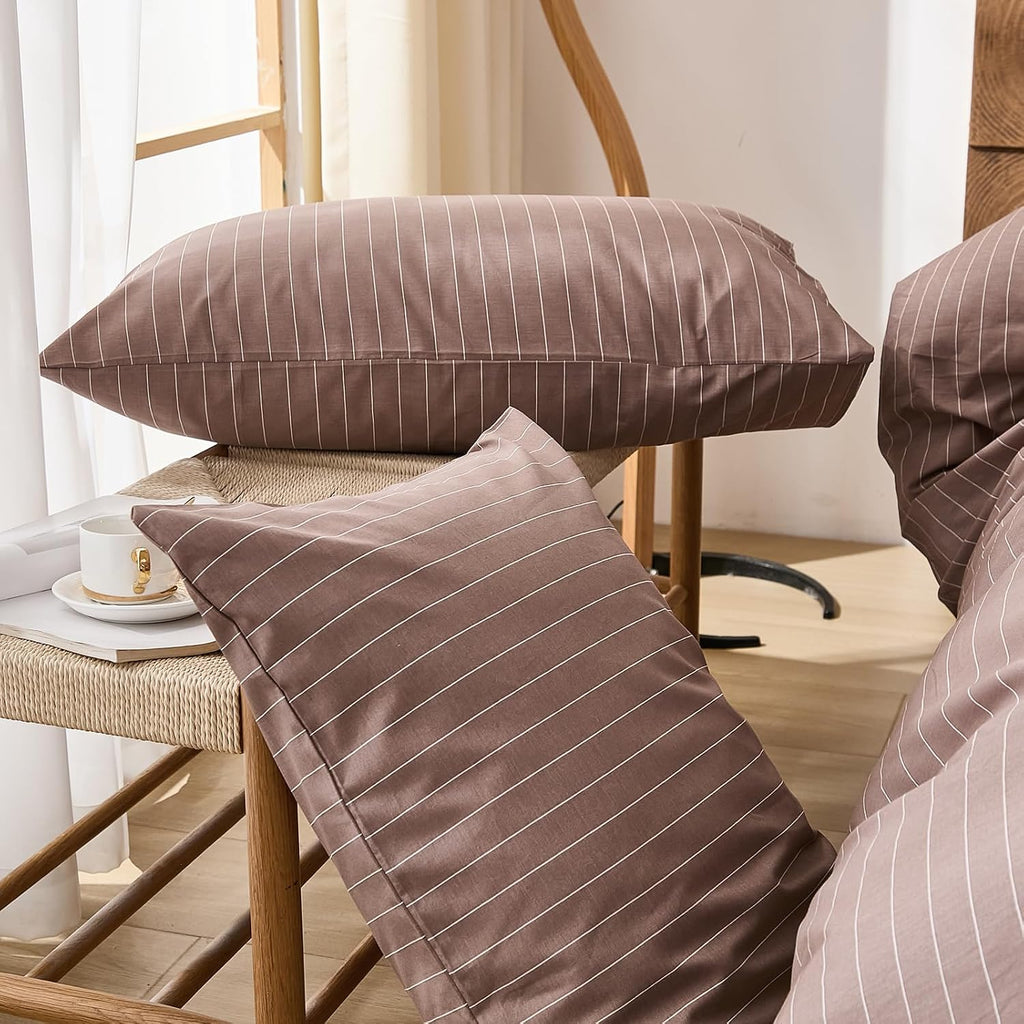 Merryword Brown Striped Pillowcases, 100% Cotton Pillow Cases, Queen Size Pillowcases, Luxury Linen Like Pillowcase, Soft Breathable Pinstr…