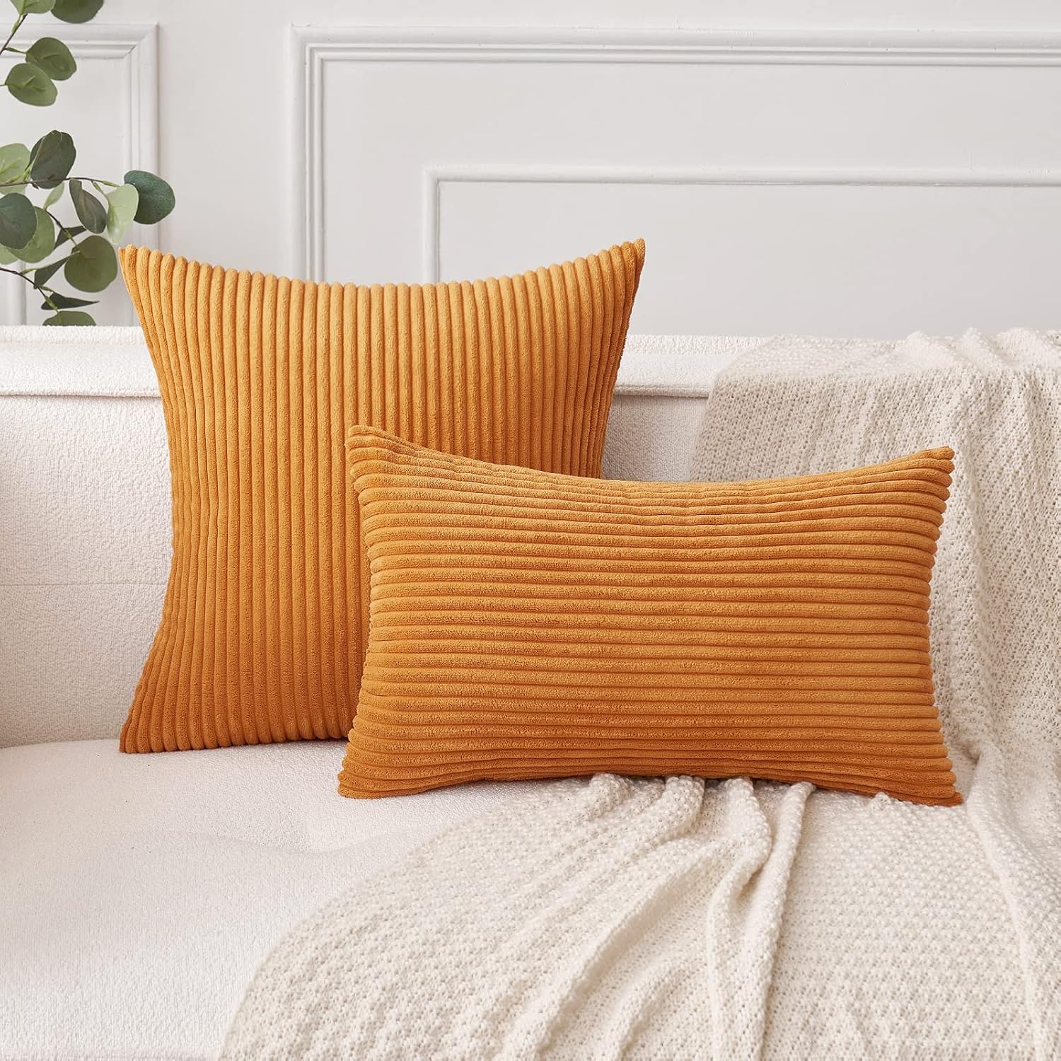MIULEE Pack of 2 Burnt Orange Pillow Covers 16x16 Inch Soft Boho Striped Corduroy Throw Pillow Covers Set Decorative Square Cushion Cases…