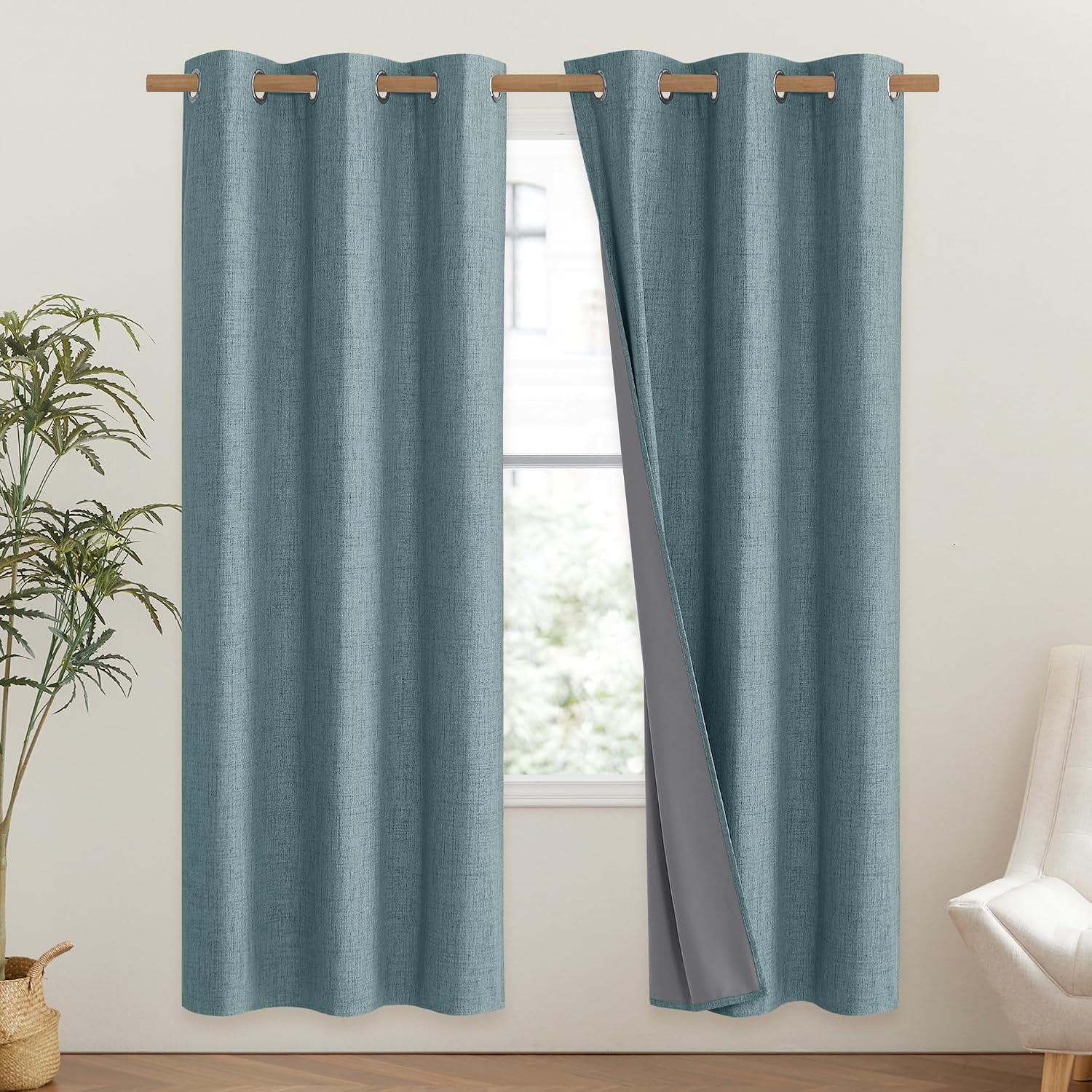 NICETOWN 100% Absolutely Blackout Linen Curtains with Thermal Insulated Liner, Skylark Blue, 42" Wide, 72" Length Energy Saving Curtains…