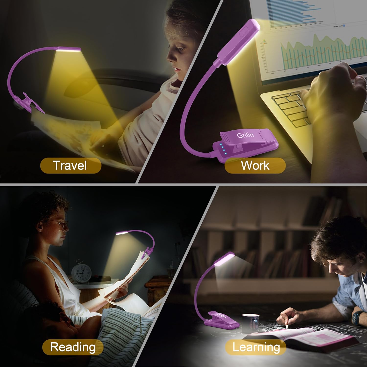 Gritin 9 LED Rechargeable Book Light for Reading in Bed - Eye Caring 3 Color Temperatures, Stepless Dimming Brightness,80 Hrs Runtime…