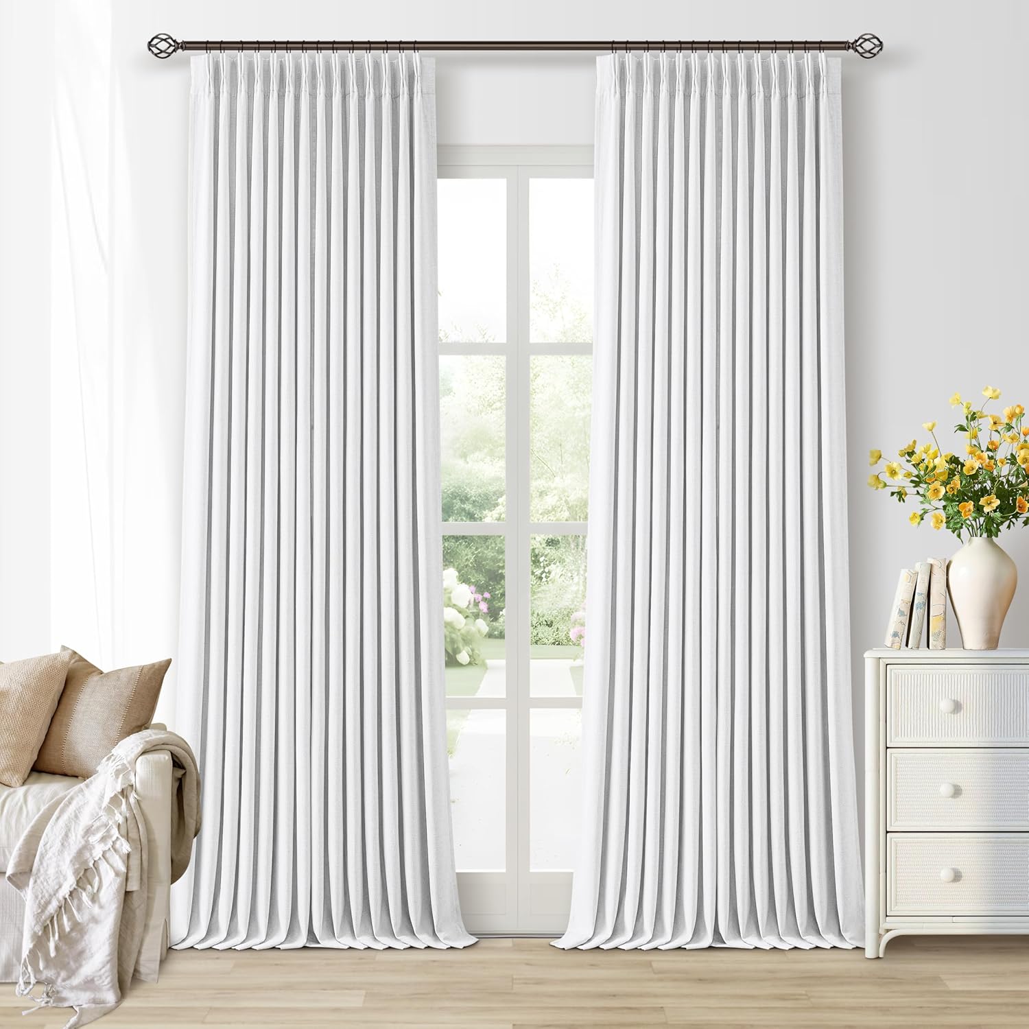 Twodrapes Pure White 96 Inch Blackout Pinch Pleated Curtains 2 Panel Set for Living Room Darkening Thick Linen Textured 100% Black Out Drap…