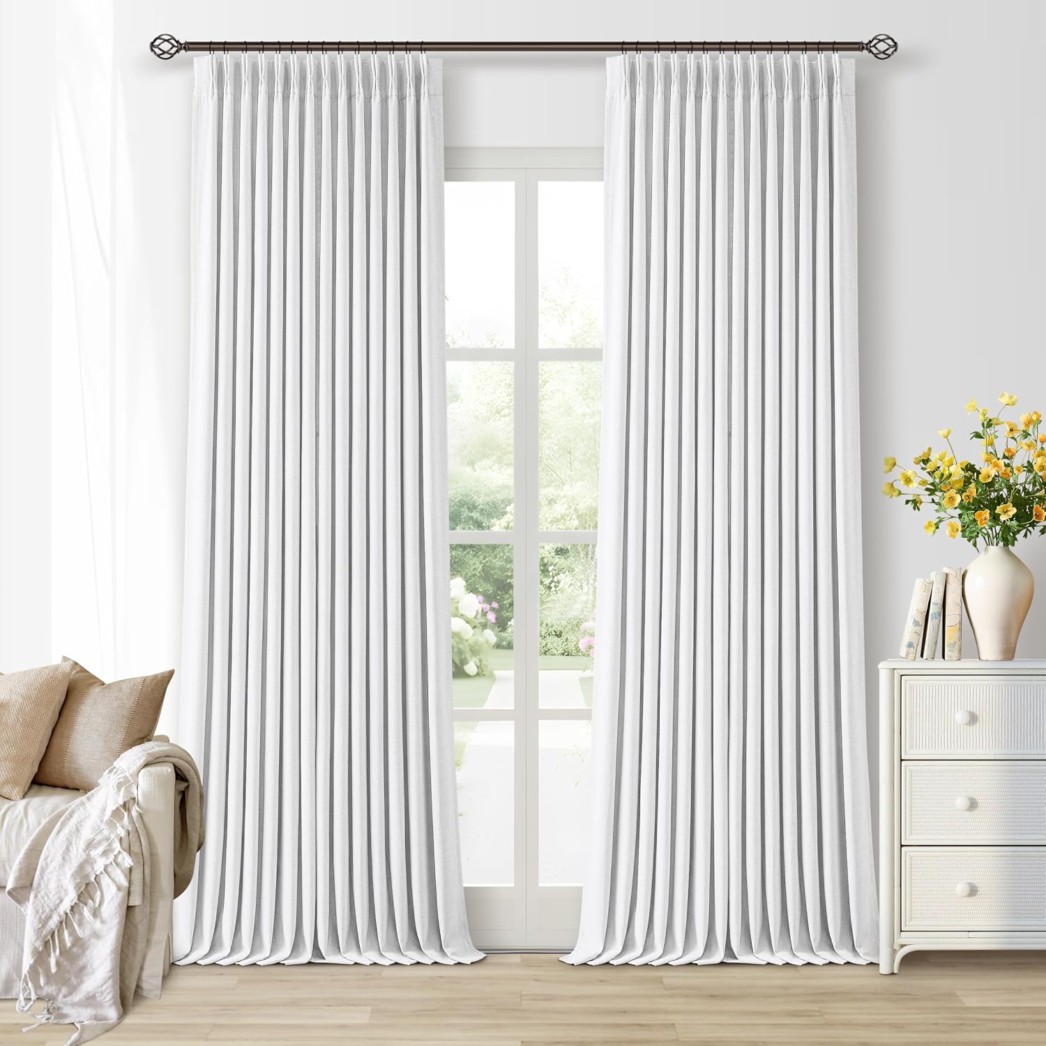 Twodrapes White Blackout Pinch Pleated Linen Curtains 105 Inches Long for Living Room 2 Panels Thermal Insulted Dual Layer Drapes Ceiling F…