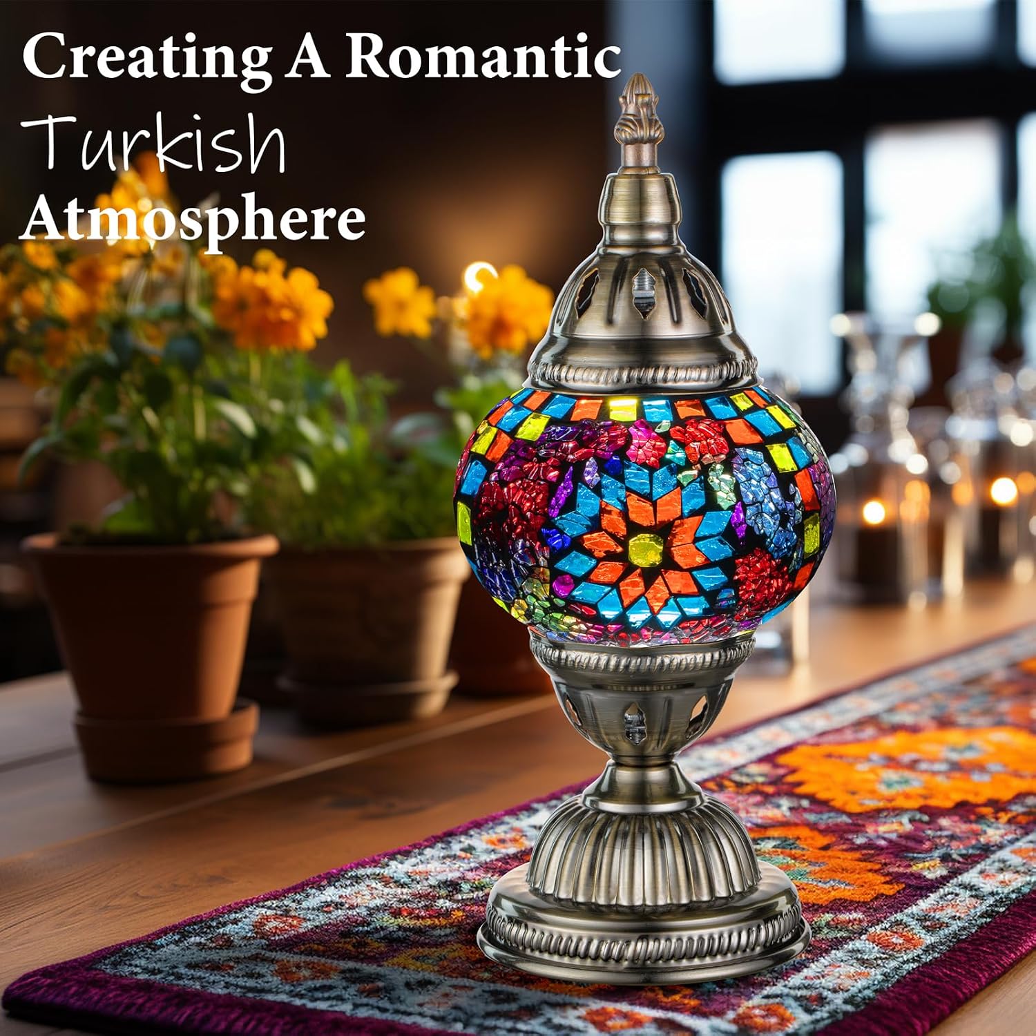 Marrakech Turkish Table Lamp with Bronze Base, Handmade Colorful Moroccan Tiffany Style Mosaic Glass Night Stand Light Fixture Including…