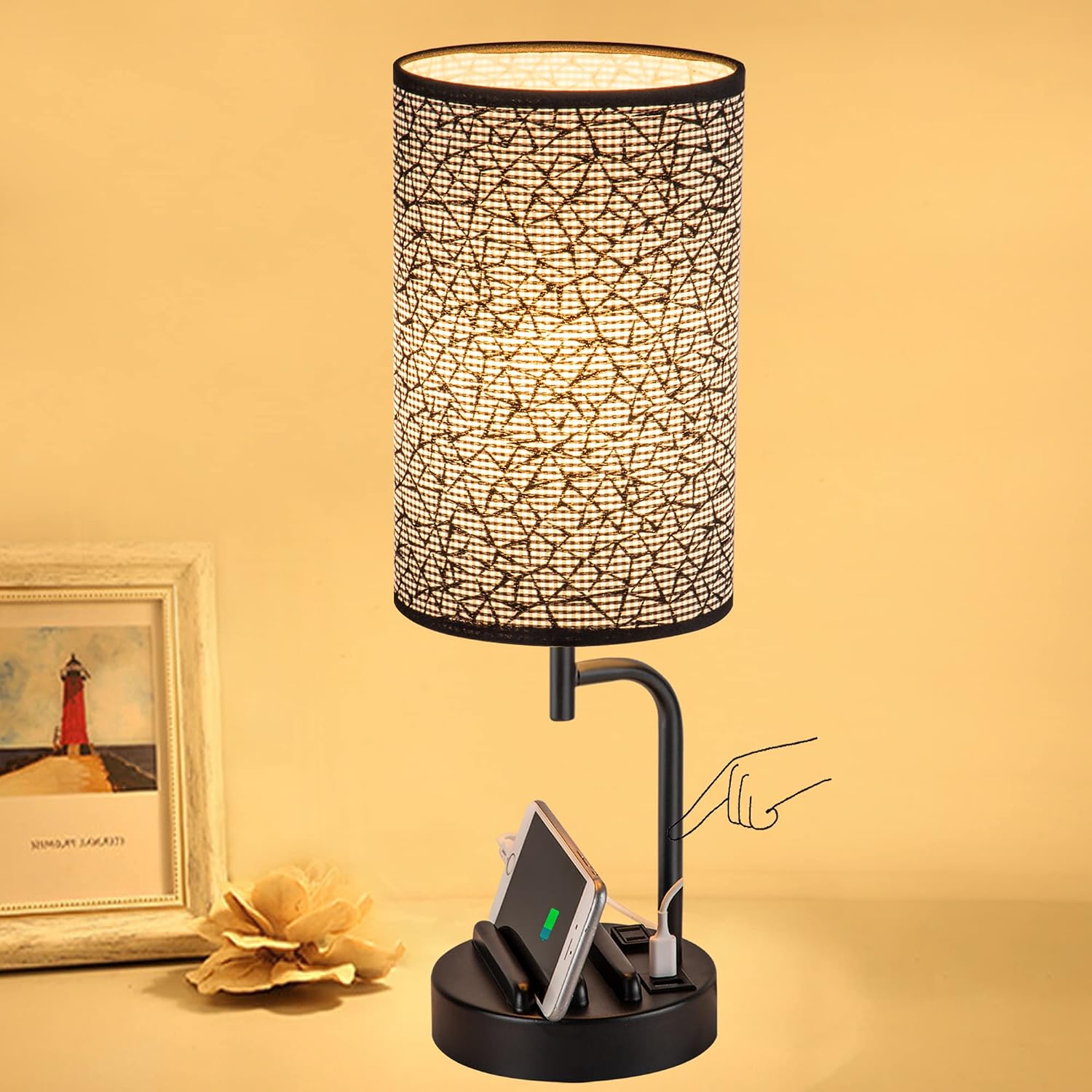 Dreamholder Touch Control USB Table Lamp, Upgraded 3-Way Dimmable Nightstand Desk Lamp with USB C & A Charging Ports and AC Outlet…