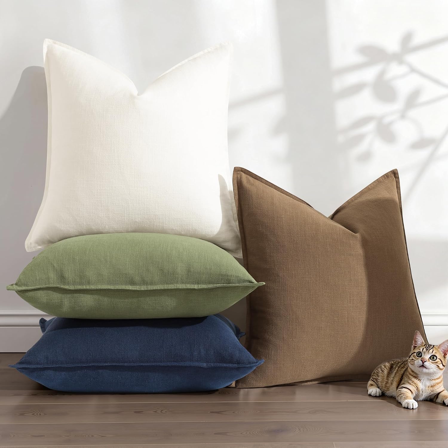 decorUhome Summer Decorative Linen Throw Pillow Covers 20x20 Inch Set of 2 Cream White Pillow Covers with Flange Edges Soft Farmhouse Boho…