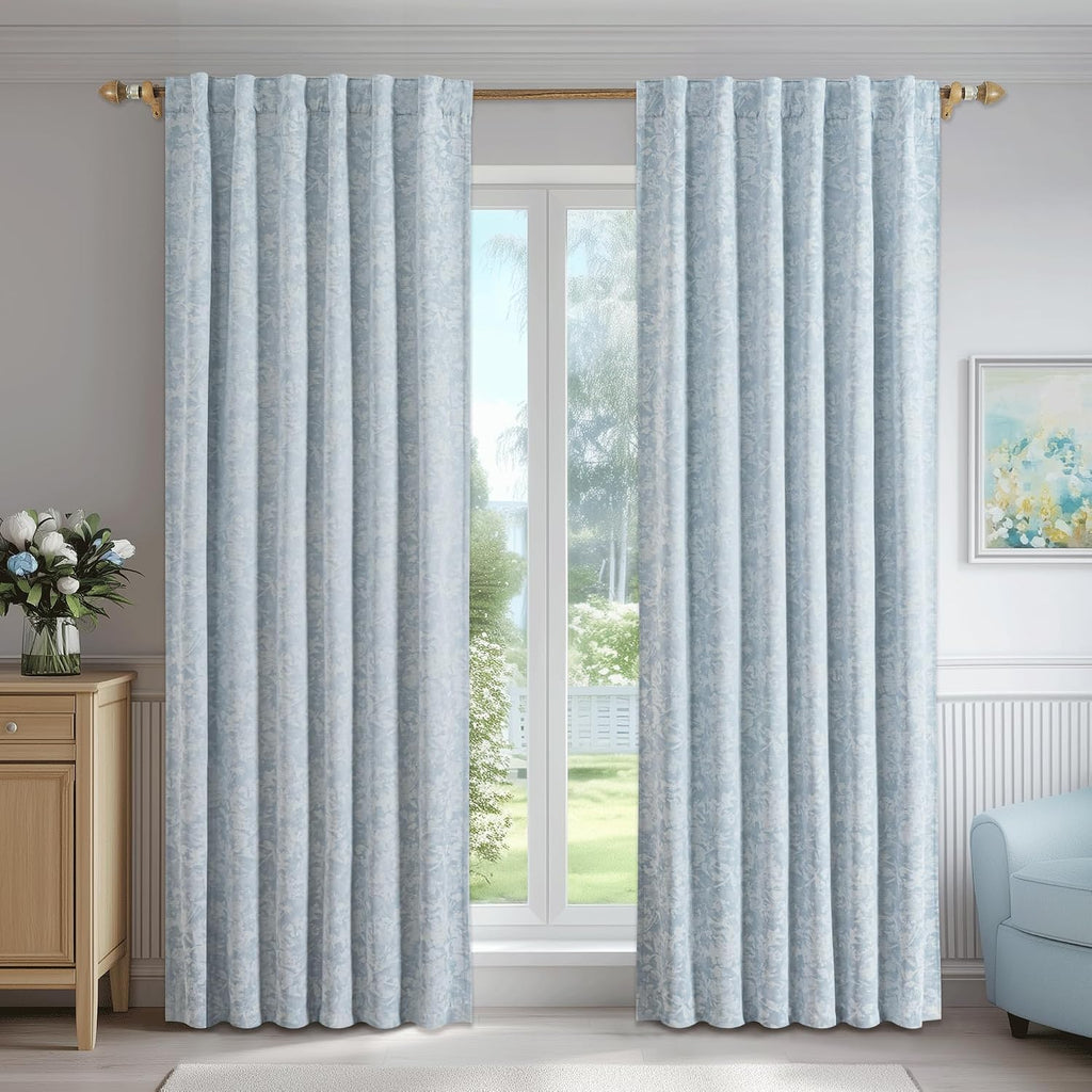 Beauoop Blue Floral Jacquard Blackout Curtains 108 Inches Long 2 Panels for Bedroom Living Room Chenille Flower Room Darkening Thermal…