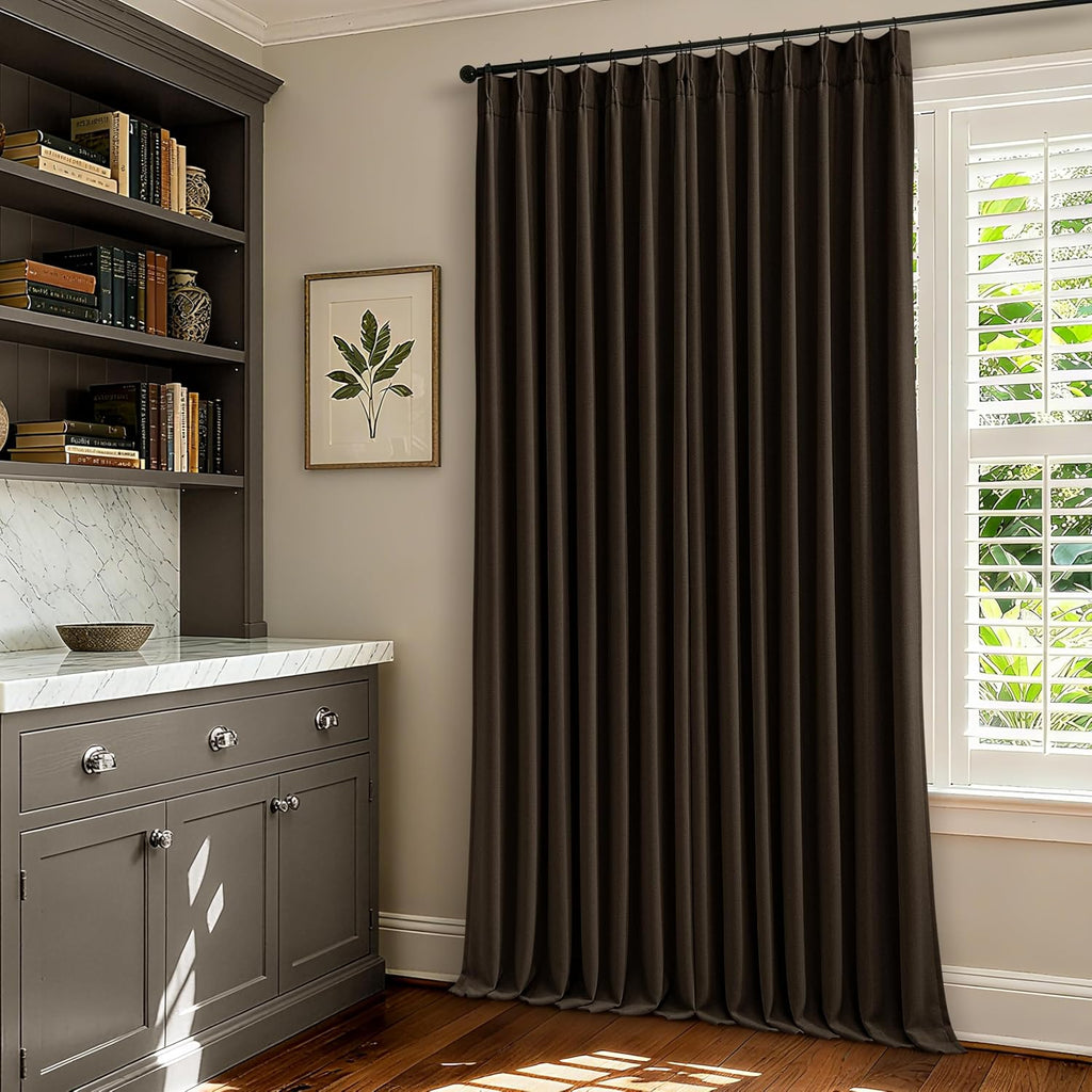 Twodrapes Dark Chocolate 100 Inch Linen Pleated Blackout Long Curtains for Living Room Memory Trained Dual Layer Heavy Burlap Curtain Sound…