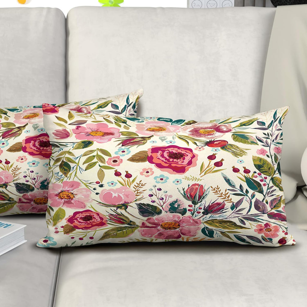 Spring Summer Flower Throw Pillow Covers 20x12 Inch Watercolor Peony Pillowcase Hot Pink Flora with Green Leaves Girly Decorative Cotton…