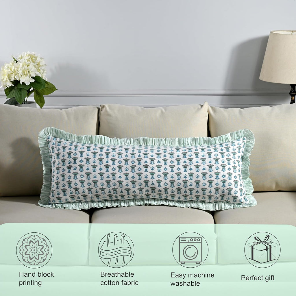 Ridhi Block Print Aquamarine Blue 36"x14" Set 1-100% Cotton Ruffle Lumbar Sham Cover Boho Floral Pillowcase, Farmhouse Cottagecore…