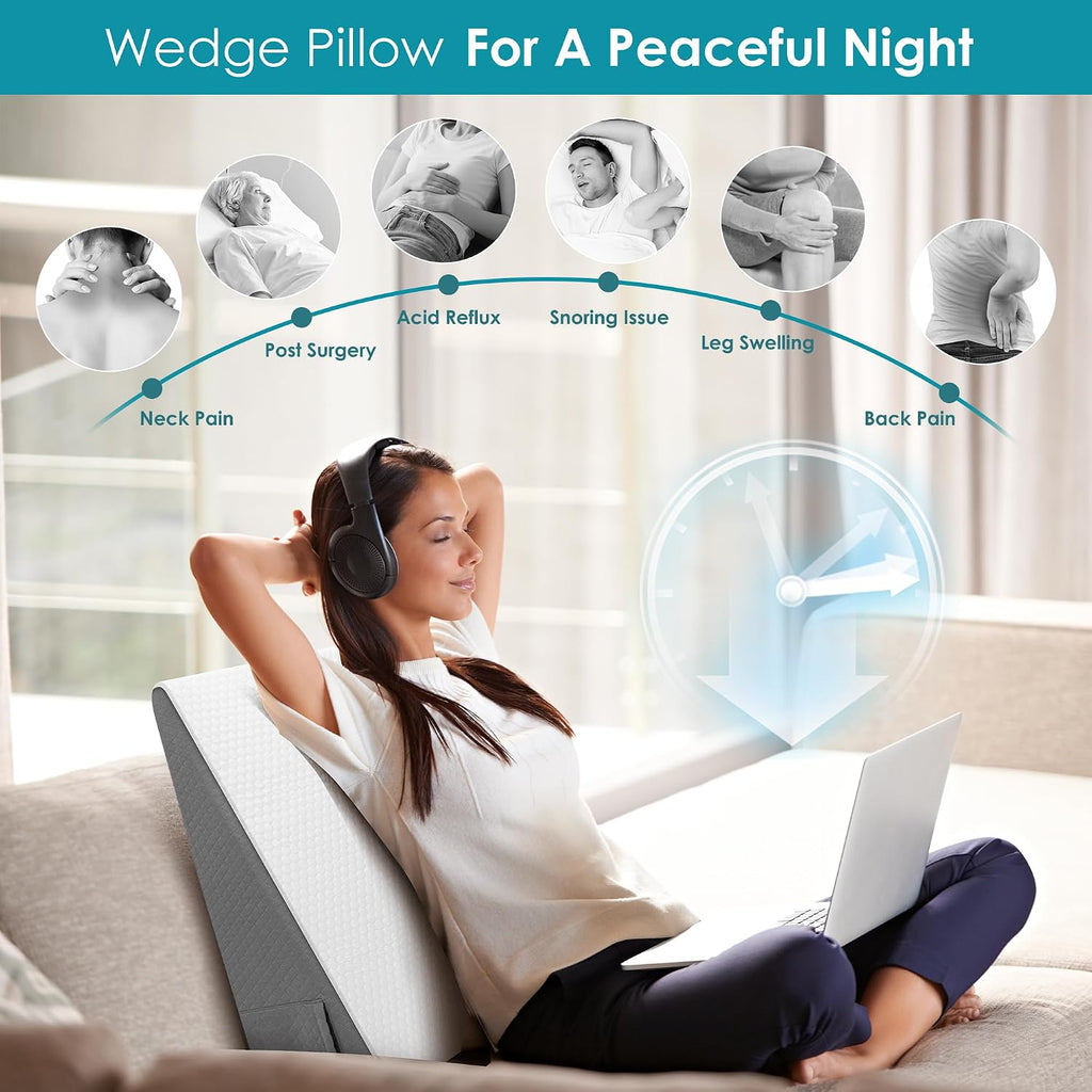DiffPacky Sleeping Bed Wedge Pillow for Adults Seniors, 10 inch Cooling Memory Foam Incline Pillow Wedge for Head, Neck & Back Suppo…