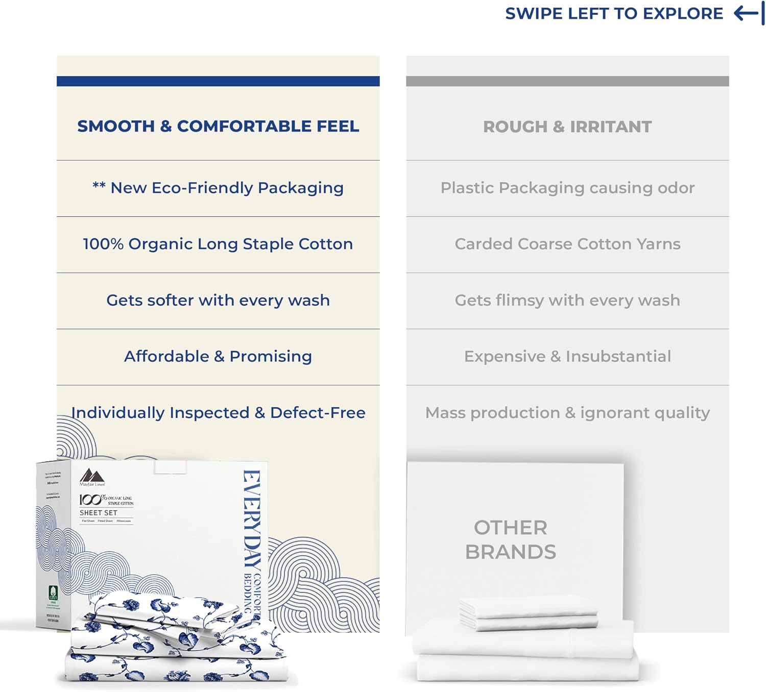 Mayfair Linen 100% Organic Cotton Printed Sheets King Size - Percale Weave Cotton King Size Sheet Set (4 PC, Floral Blue), Soft & Crisp…