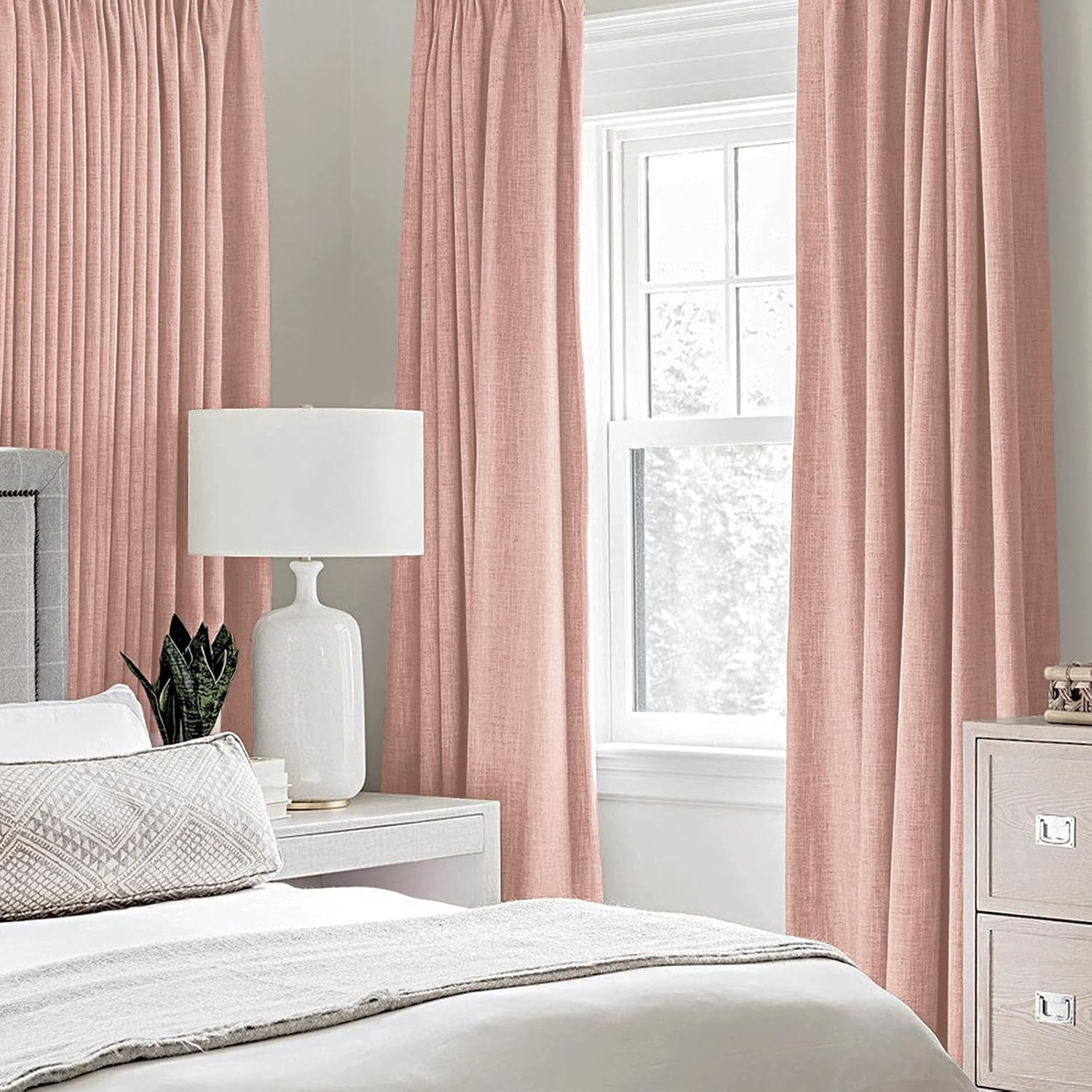 Miulee 100% Blackout Linen Curtains for Bedroom Thermal Insulated Blush Pink Grommet Room Darkening Curtains & Drapes for Living Room Nurse…