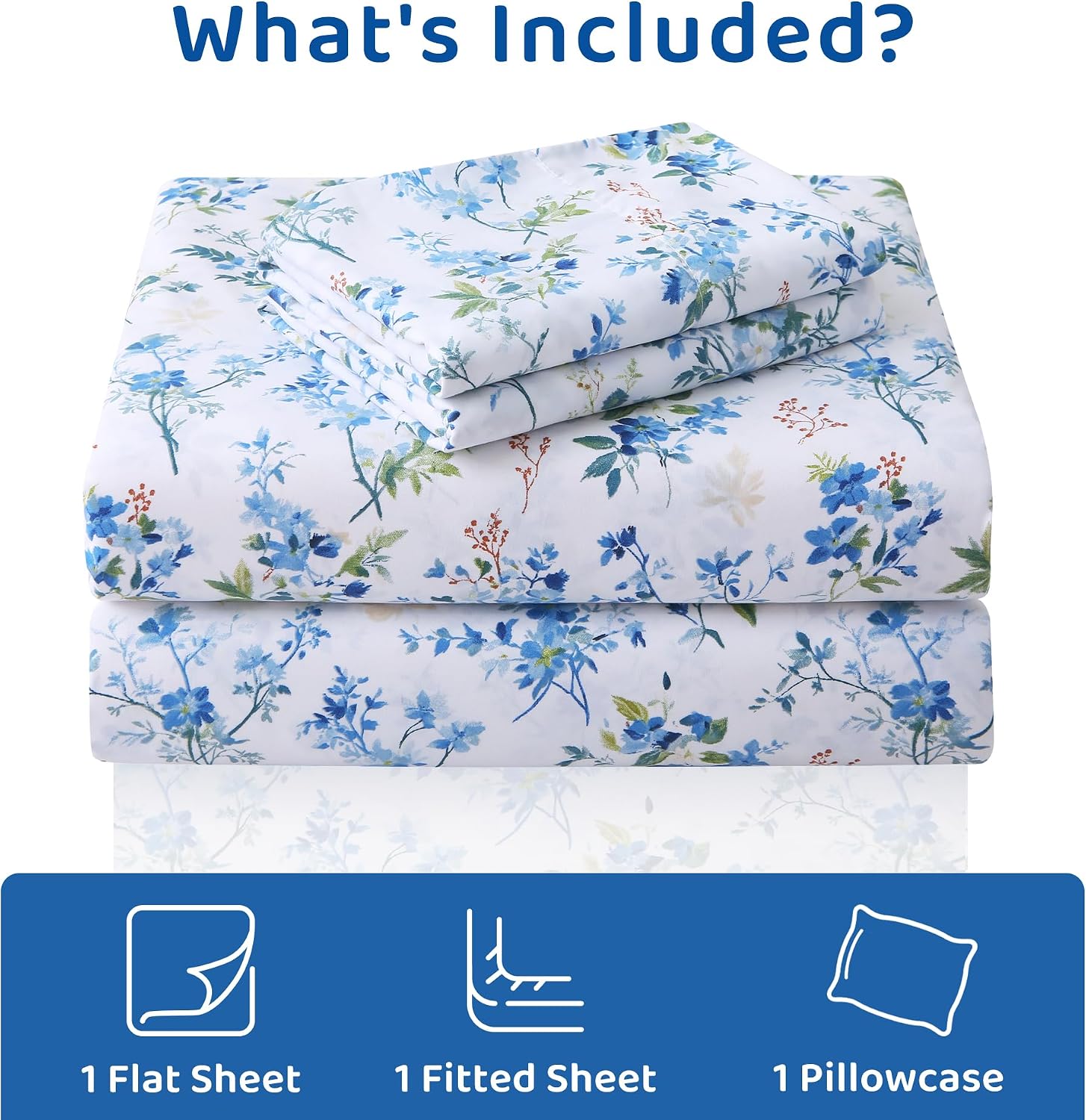 mooreeke Cozy Vintage Microfiber Printed Twin Sheet Set - Soft & Breathable Blue Green Floral Bed Sheets with Extra Deep Pocket - Non-Slip…