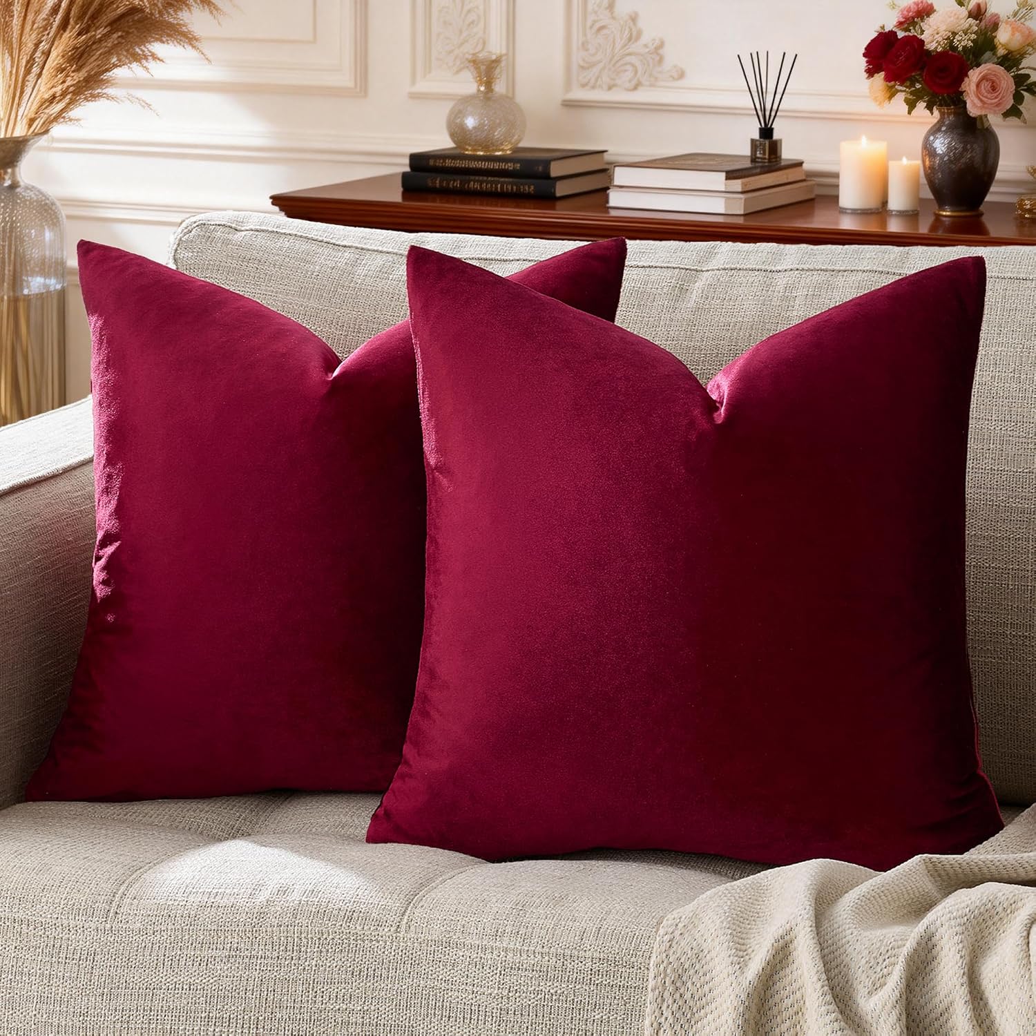 GIGIZAZAFocusingonhomedecoration GIGIZAZA Burgundy Pillow Covers 24x24: Pack of 2 Throw Pillows Soft Solid Covers - Velvet Decorative Couch…