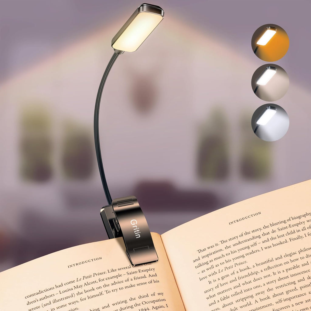 Gritin 9 LED Rechargeable Book Light for Reading in Bed -Eye Caring 3 Color Temperatures, Stepless Dimming Brightness,80 Hrs Runtime Small…