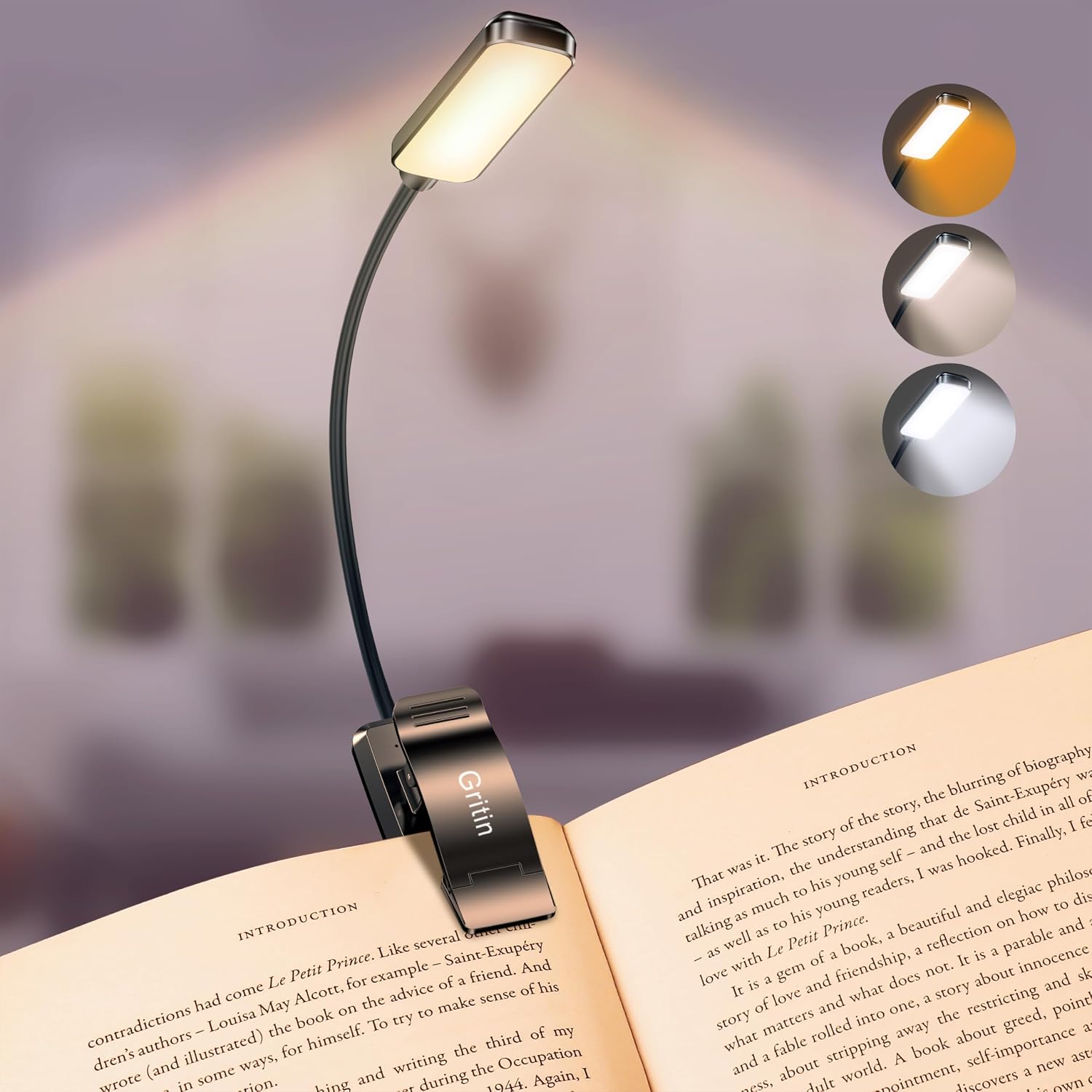 Gritin 9 LED Rechargeable Book Light for Reading in Bed -Eye Caring 3 Color Temperatures, Stepless Dimming Brightness,80 Hrs Runtime Small…