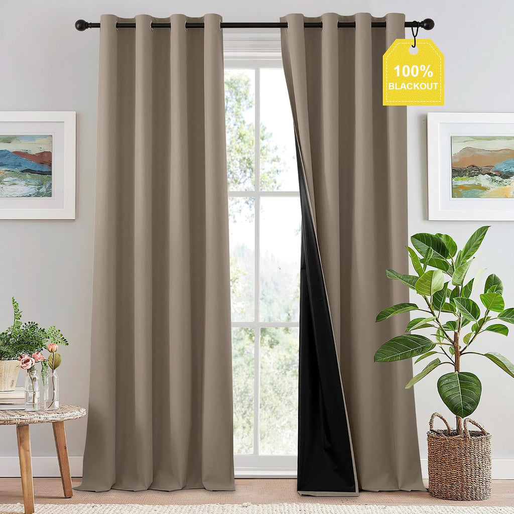 Nicetown 100% Blackout Tan Curtains 96 inch Long, Grommet Thermal Insulated Portable Travel Blackout Window Treatment Easy to Install for L…