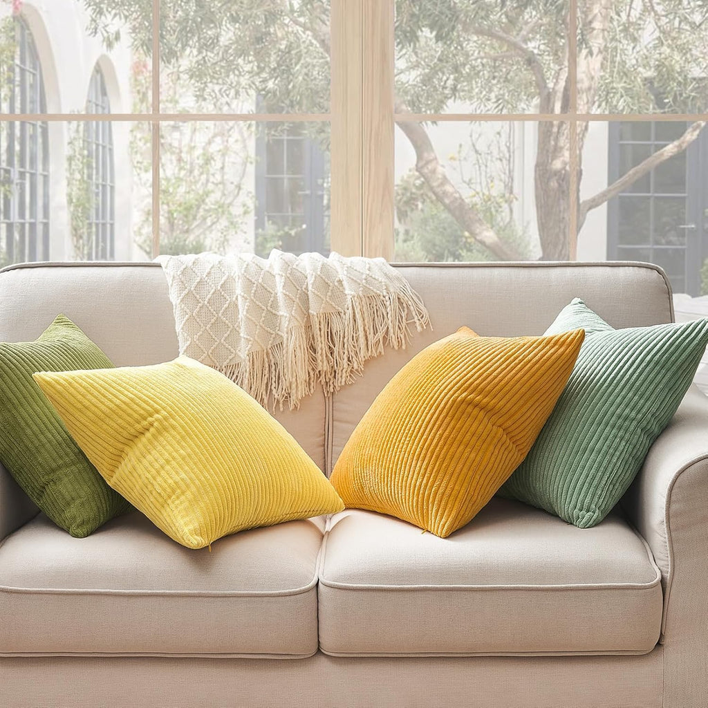 Topfinel Decorative Throw Pillow Covers 18x18 Inches Set of 4, Striped Corduroy Sage Green Yellow Color-Clash Design Cushion Cover, Pillow Ca…