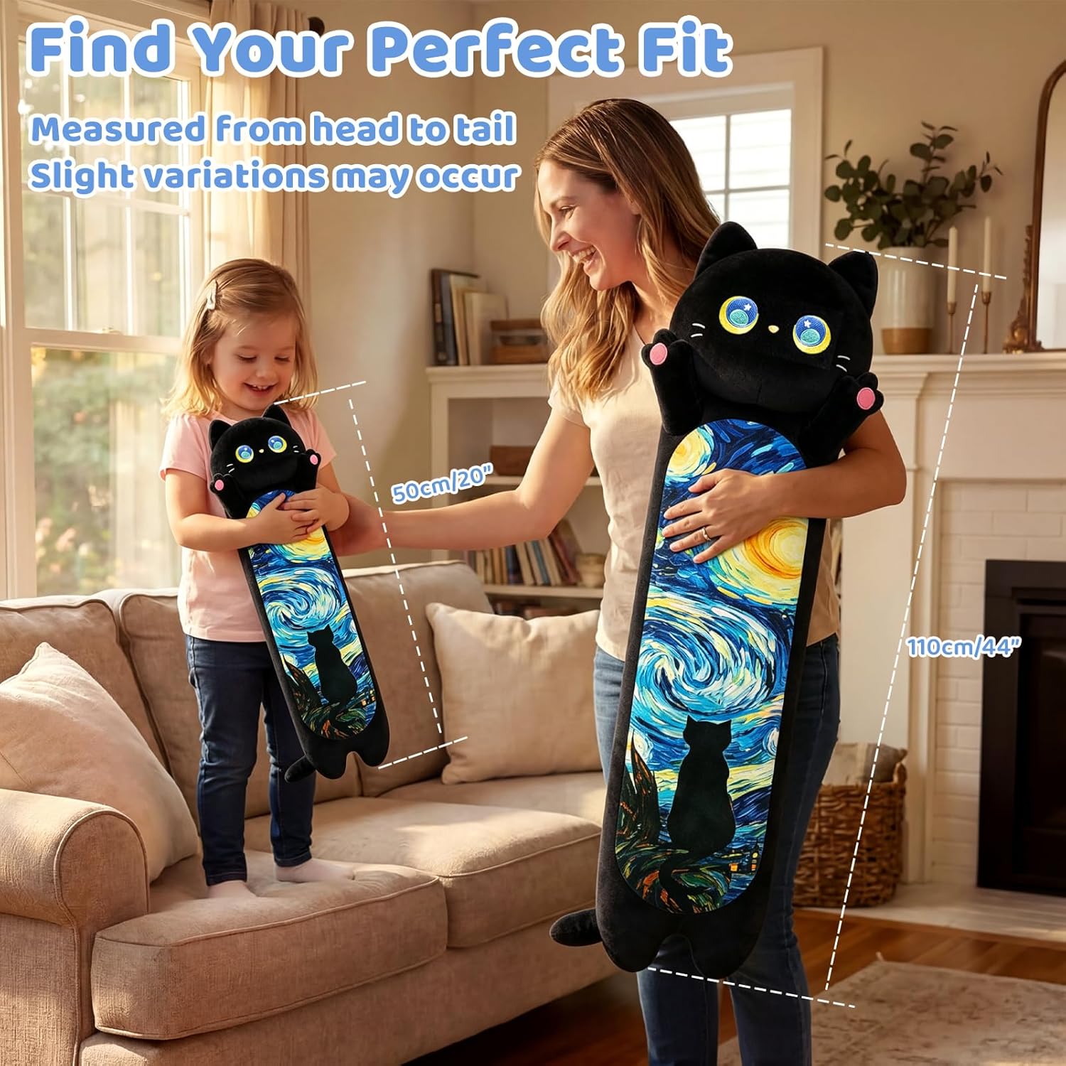 Mewaii Long Cat Plush 5 Sizes, 120% Extra Filling Giant Plushness Kids Body Pillow, Kawaii Cute Black Starry Cat Stuffed Animals…
