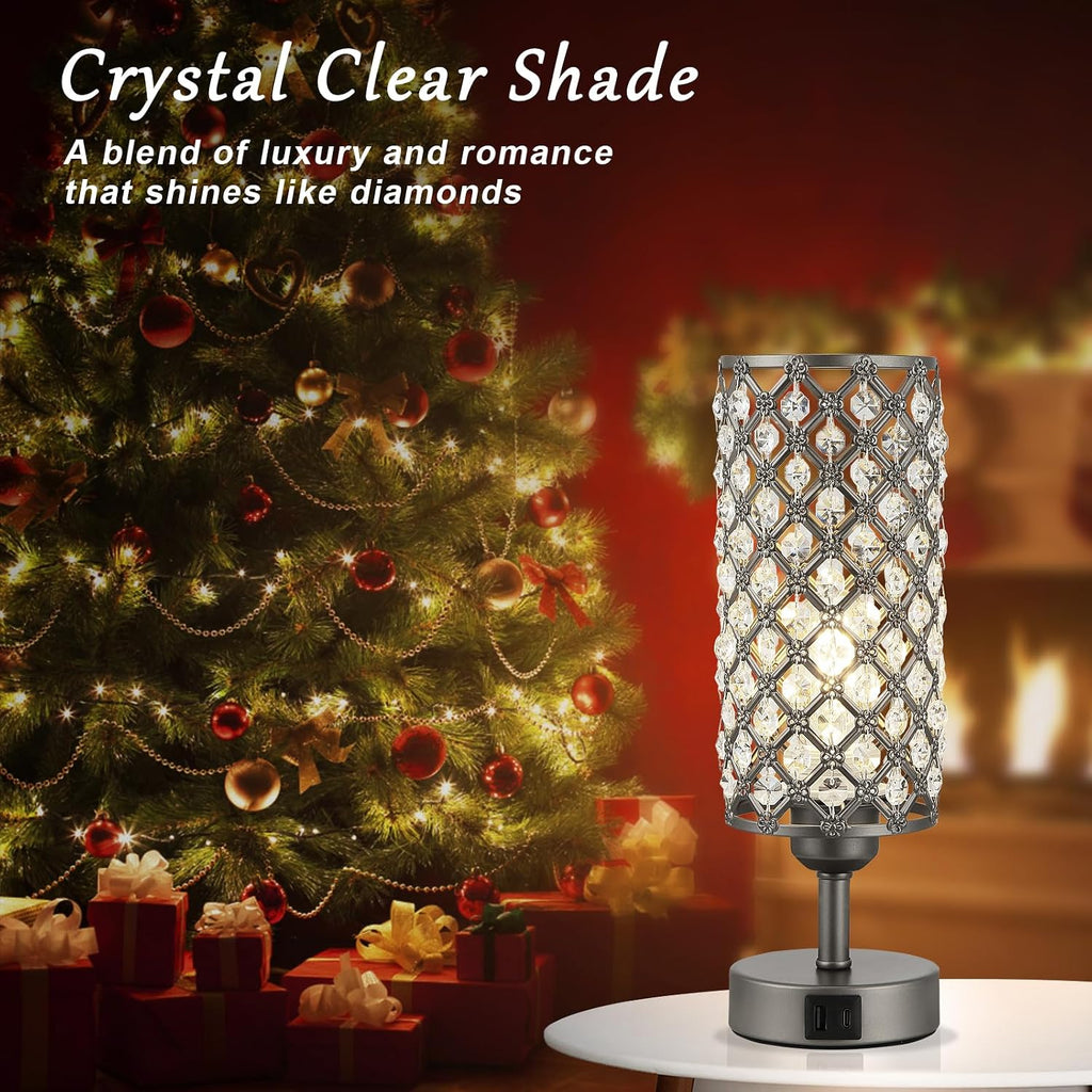 Hong-in Gray Crystal Table Lamp - 3-Way Dimmable Touch Control, Bedside Lamp with USB C and A Ports, Nightstand Light for Living Room…