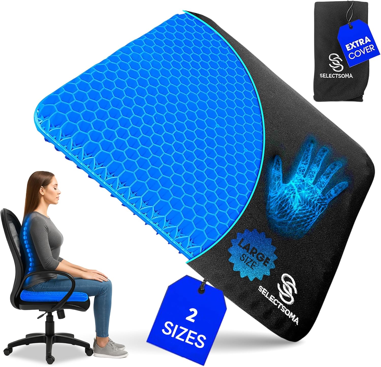 SelectSoma Super Large Gel Seat Cushion for Long Sitting - 18.5" x 17.5" - Breathable Cooling Design - Pressure Relief for Sciatica, Tailbo…