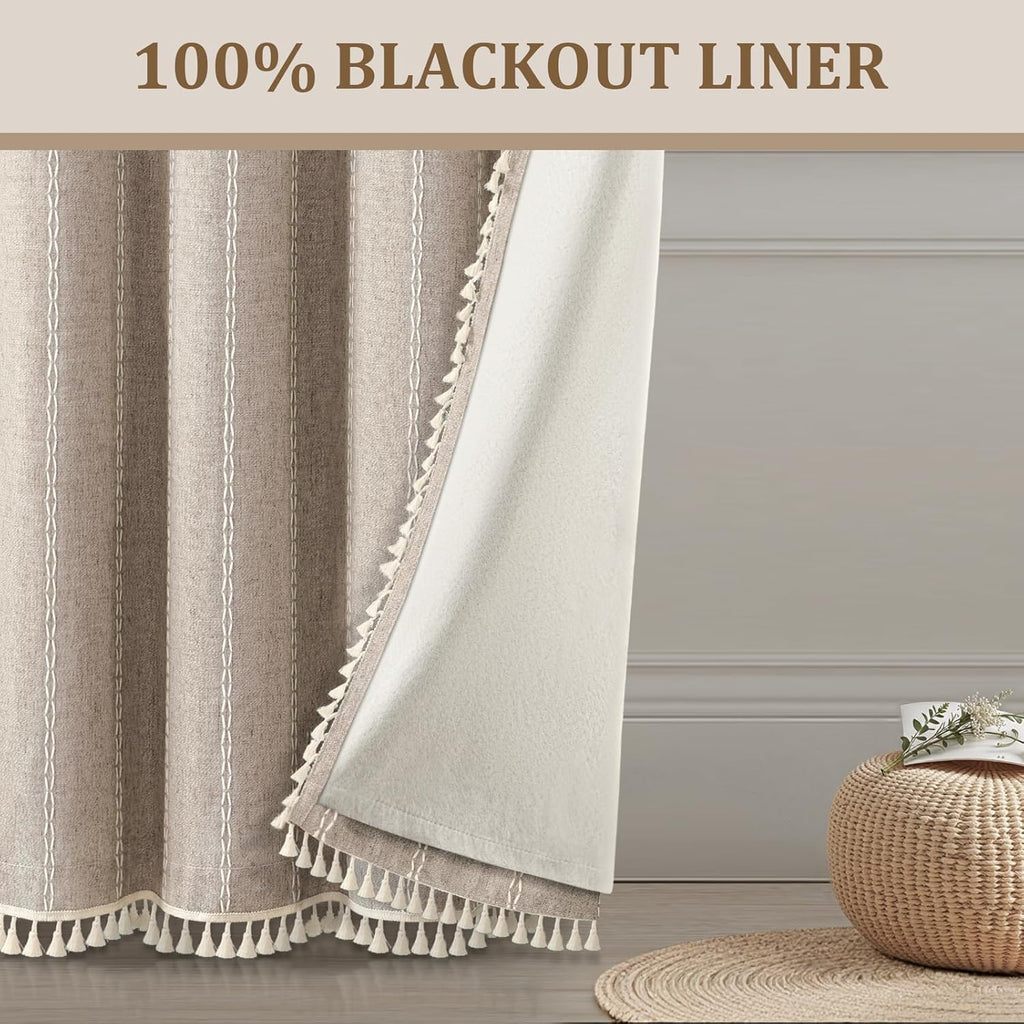 XOGUIBO Brown Boho Blackout Curtains 2 Panels 84 Inch for Living Room Bedroom, Warm Taupe Linen Texture Farmhouse Curtains with Tass…