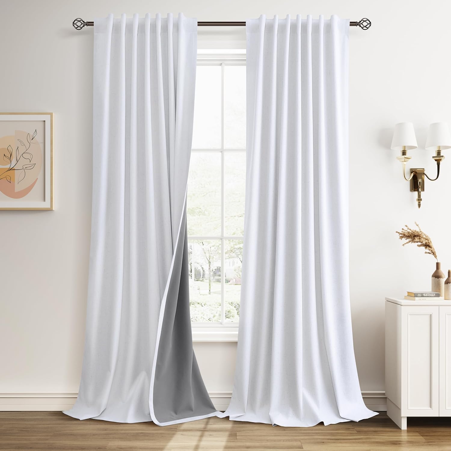 Guken Beige White 100% Blackout Curtains 100 Inch Length 2 Panels Set for Bedroom Country Farmhouse Back Tab Hook Belt Black Out Room Darke…