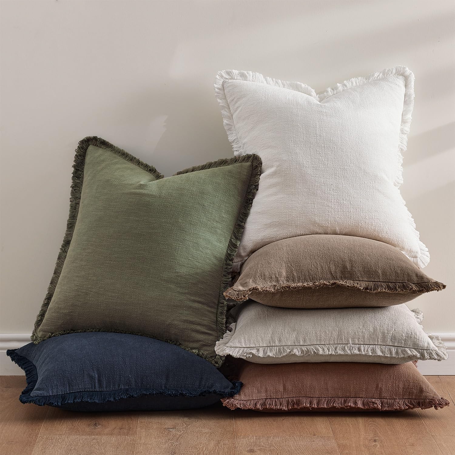 Anroduo Set of 2 Decorative Throw Pillow Covers 20×20 Inch Soft Linen Fringe Farmhouse Boho Vintage Cushion Covers with Tassels Accent Pill…