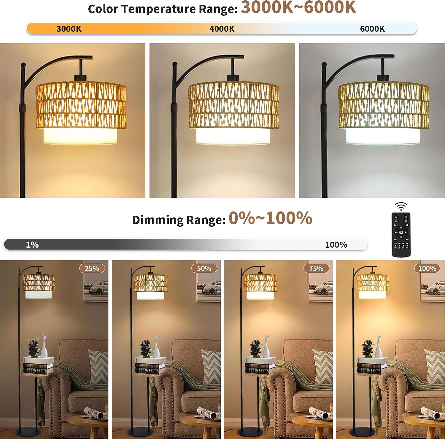 ZECOXOL Arc Floor Lamp with Table and Shelves, Rattan Boho Floor Lamp with Remote Control, Rustic Floor Lamps for Bedroom Wicker Standing…