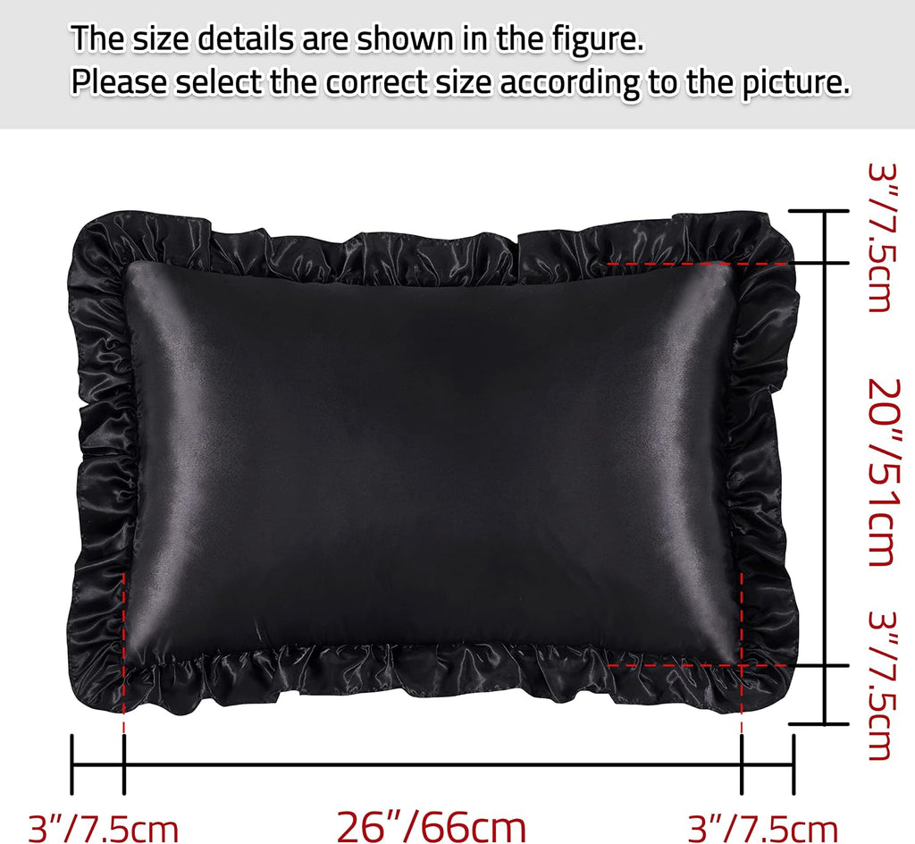 HommxJF Black Satin Ruffled Pillow Cases for Hair and Skin, Black Silk Pillowcases Standard Set of 2 with Envelope Closure Princess Room Dec…