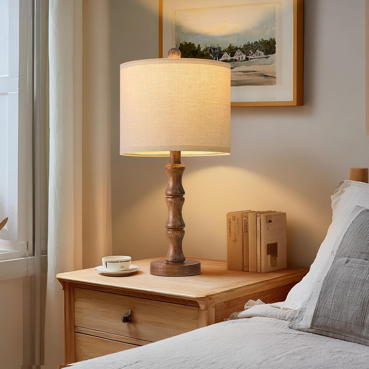 BOBOMOMO 20.5" Rustic Table Lamps Set of 2, Farmhouse Nightstand Lamp with Wood Grain Resin Base & Linen Shade, Small Bedside Lamp for…