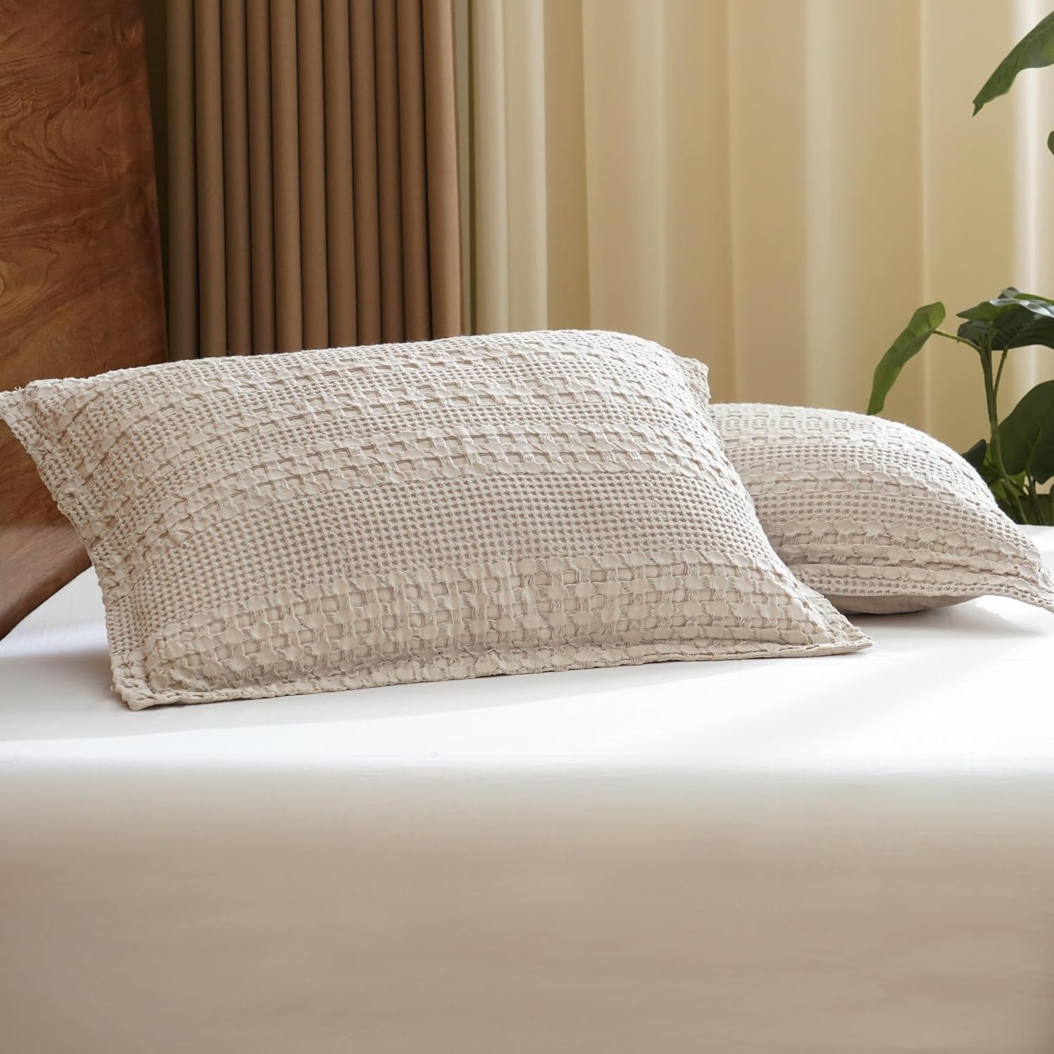 Phf 100% Cotton Ruffle Waffle Pillow Shams King Size, 2 Pack 20" x 36" Soft Skin-Friendly Pillowcases, No Filling, Aesthetic Home Decor, Br…
