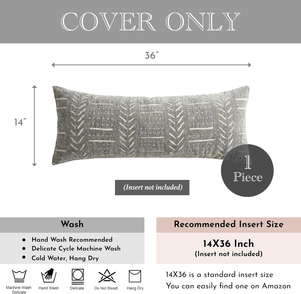 BlissBlush Decorative Long Lumbar Pillow Cover 14x36 for Bed, Light Gray Soft Woven Chenille Accent Pillow Cover for Bedroom Couch Sofa…